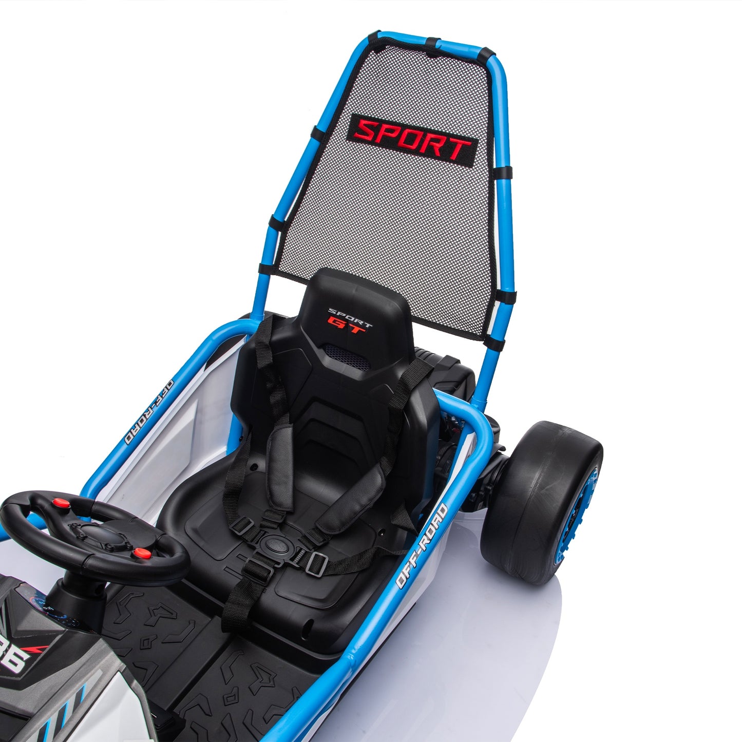 24V Powered Ride on Toys, iRerts Electric Go Kart with Drift Mode, Bluetooth Music, EVA Front Tires, Rear Wheel Suspension, Max Speed 7.5 MPH, Crazy Go Cart Electric Car for Kids 6-12 Ages,  Blue