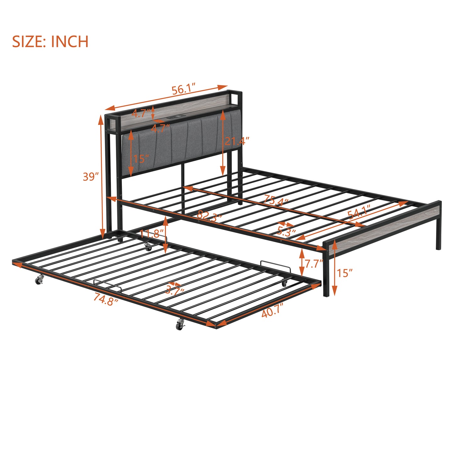 Full Size Metal Platform Bed Frame with Twin Size Trundle, Full Size Bed Frame with Upholstered Headboard, USB Ports, Steel Slat Support, Full Bed Frame No Box Spring Needed for Bedroom, Black