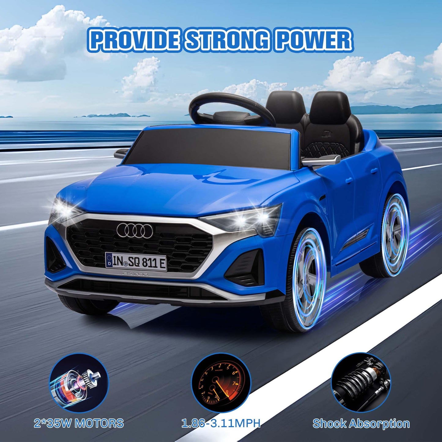 Ride on Toy Car Kids for Boys Girls, Licensed Audi SQ8 12V Ride on Cars with Remote Control, Battery Powered Electric Vehicle Car for Kids with Music, LED Lights, 3 Speed, 4 Wheeler, Blue