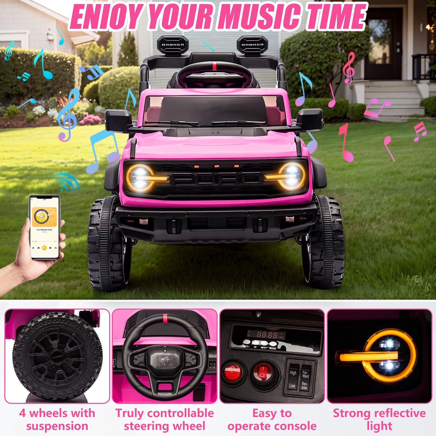 12V Powered Ride on Car, Ford Bronco Raptor Ride on Toys with Remote Control, Battery Powered Ride on Trucks with Bluetooth Music, LED Light, Kids Car Electric Vehicle for Boys Girls Gifts, Pink