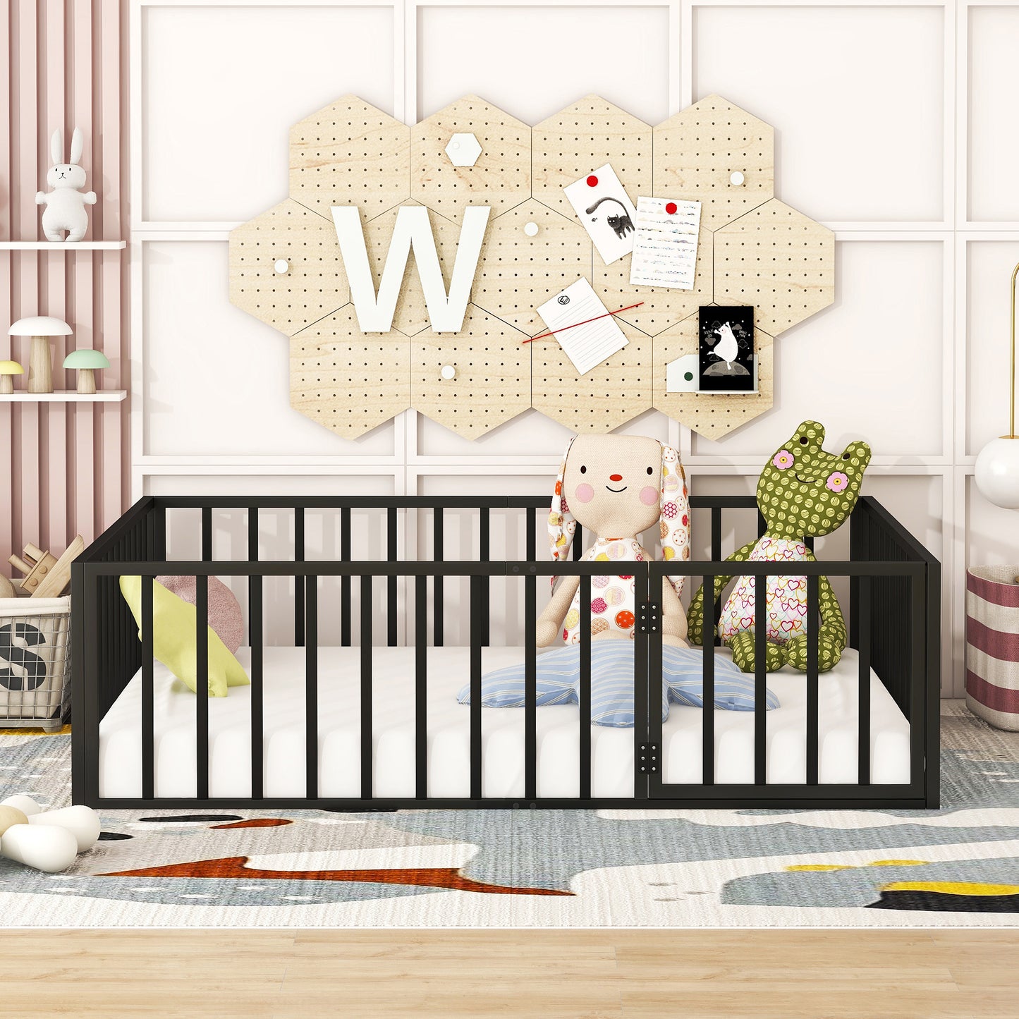iRerts Full Floor Bed Frame, Metal Full Size Montessori Floor Bed Frame with Fence and Door, Kids Toddler Floor Bed Frame Full Size for Girls Boys, Twin Bed Frame without Bed Slats, Black