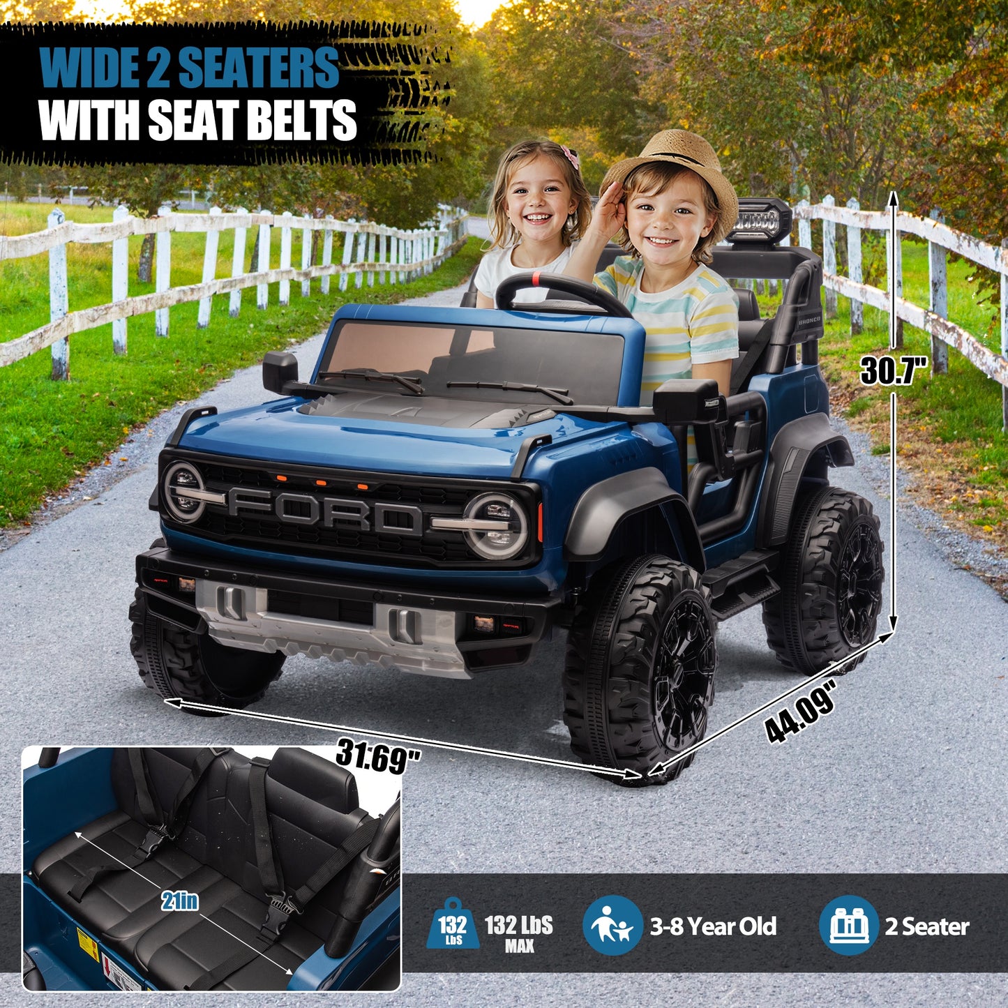 Ford Bronco Raptor 24V Ride on Toys, 2 Seater Ride on Cars with Remote Control, Bluetooth Music, Spring Suspension, Battery Powered Electric Car for Kids Ages 3-8, Blue