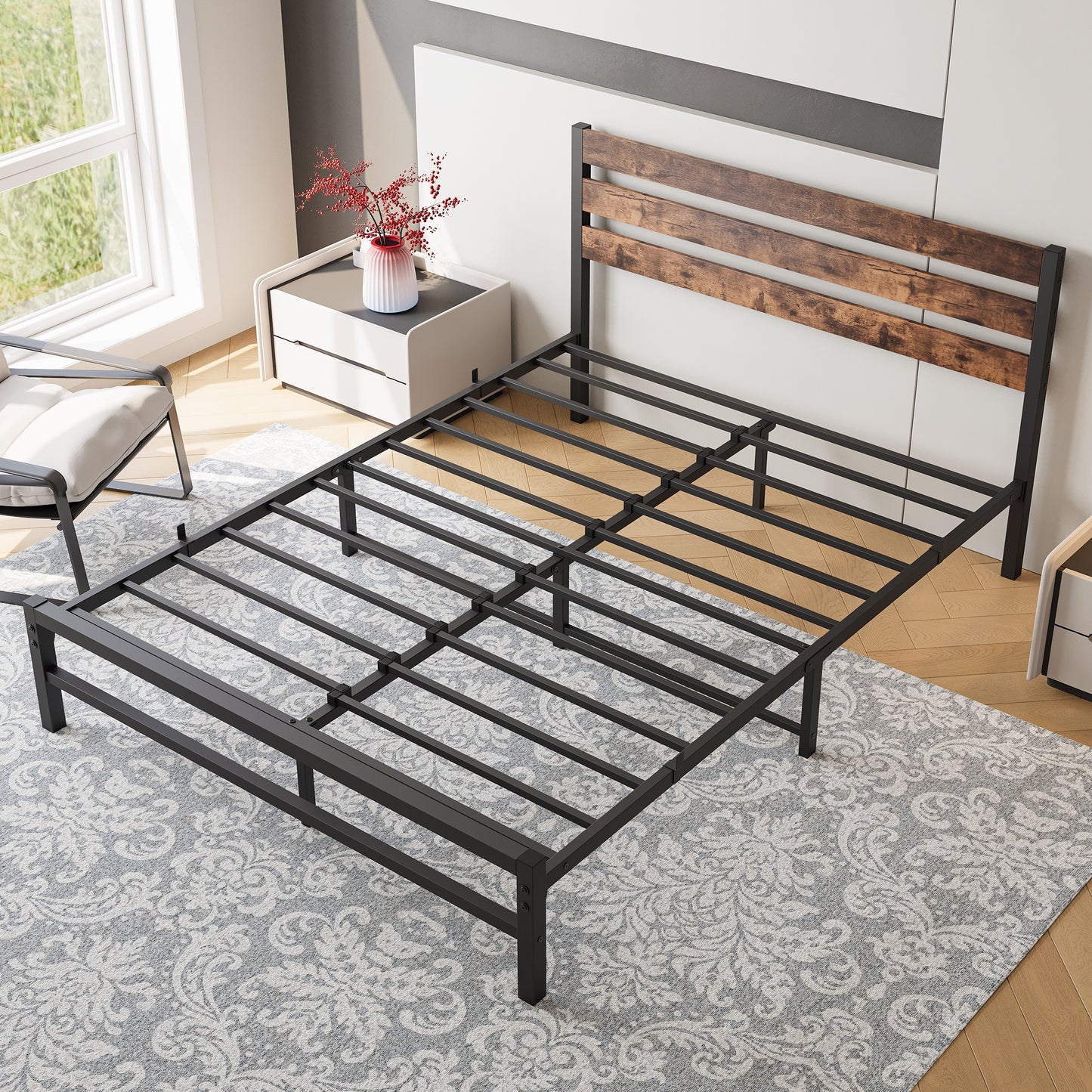iRerts Queen Bed Frame with Headboard, Metal Platform Bed Frame No Box Spring Needed, Bed Frame Queen Size with Metal Support,  Noise-Free, Under Bed Storage, Easy Assembly, Rustic Brown