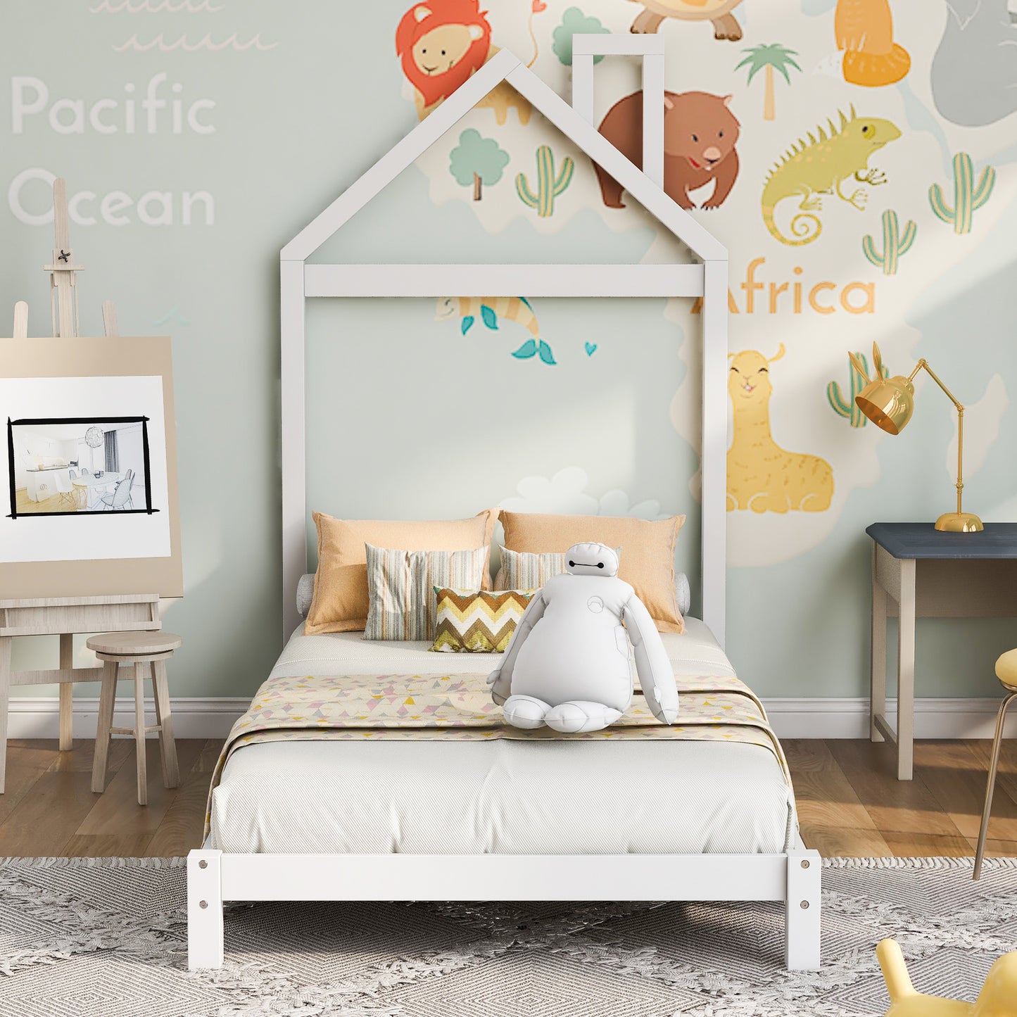 iRerts Wood Twin Platform Bed, Twin Size Bed Frame for Kids Toddlers Boys Girls, Twin Bed Frame with House Shaped Headboard, Twin Size Bed Frame No Box Spring Needed for Bedroom, White