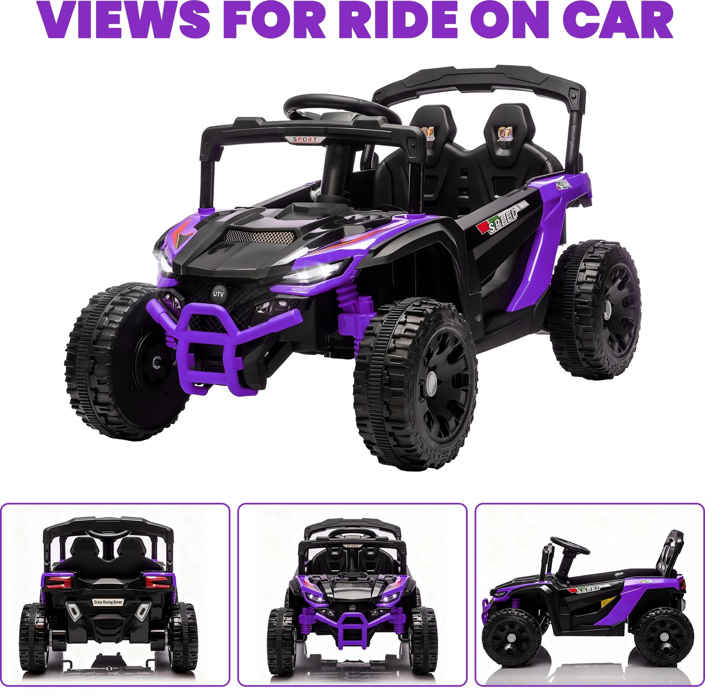iRerts 24V Powered Ride on Car UTV, Kids Ride on Toys with Remote Control, Bluetooth, Music, 4 Wheels Suspension, LED Light, Kids Car 4 Wheeler Electric Vehicles for Boys Girls Ages 3-5 Gifts, Purple