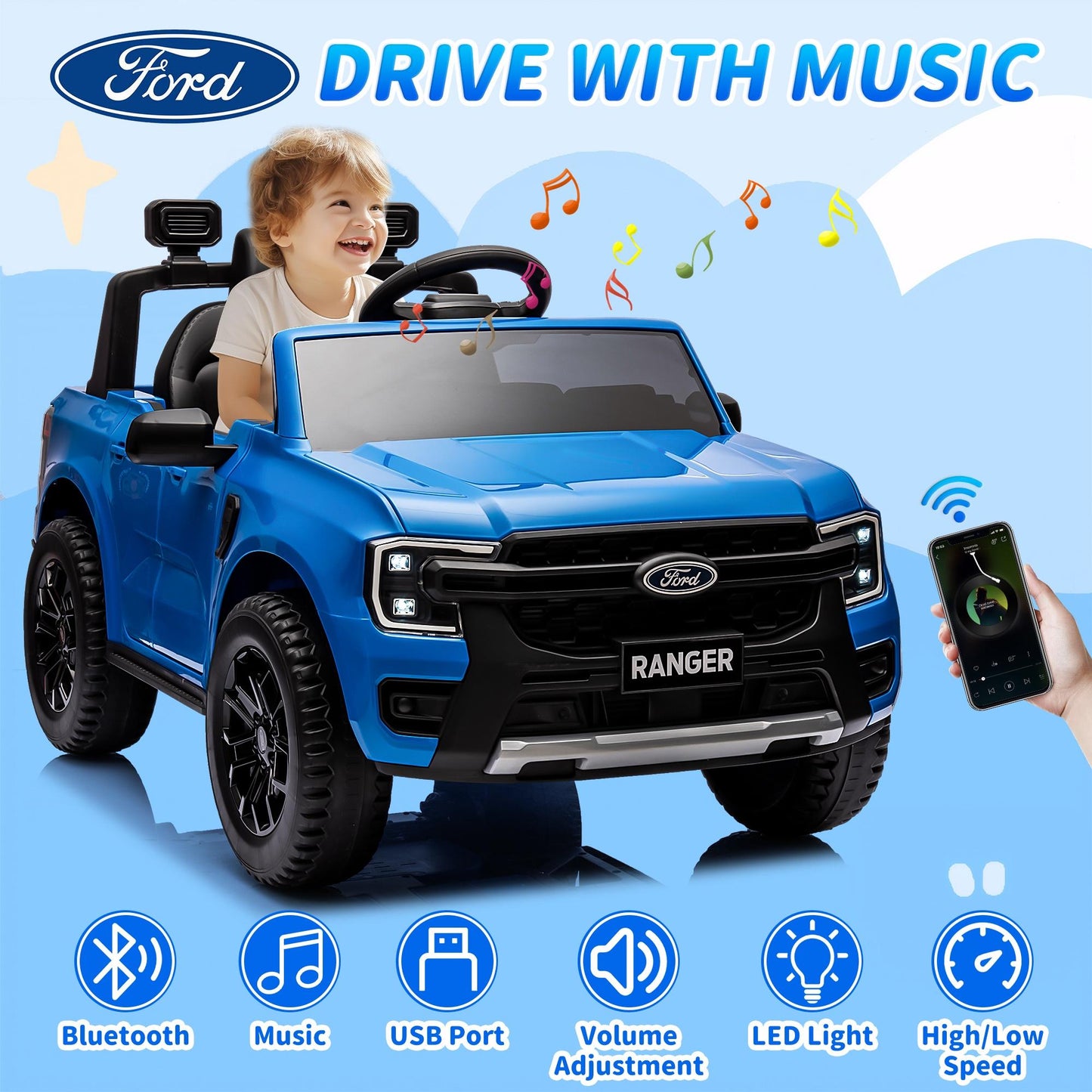 iRerts Blue 12V Ford Ranger Powered Ride on Car with Remote Control, Kids Electric Car for Boys Girls 3-6 Ages, Kids Ride on Toys with Bluetooth, Music, USB Port, Horn, LED Lights