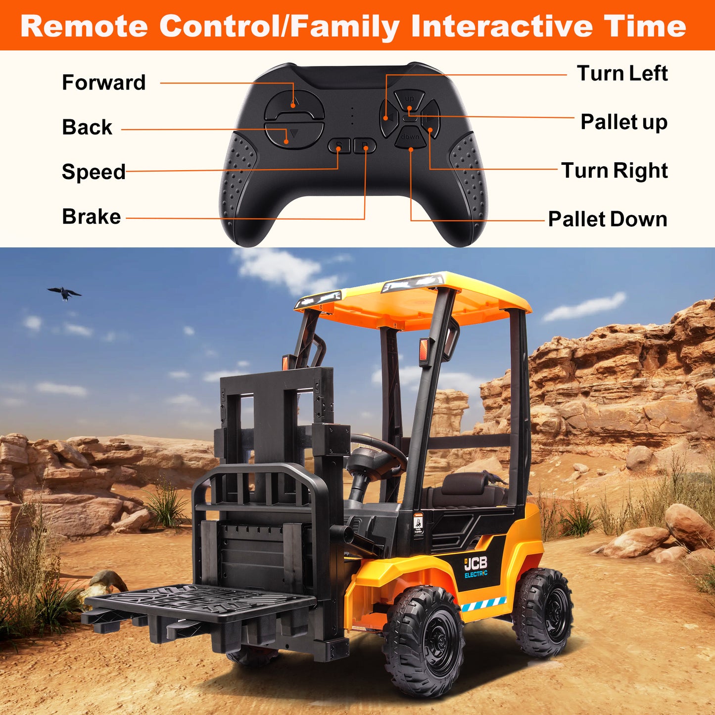 JCB 12V Ride on Forklift for Kids Ride on Car with Remote Control Ride on Toy for Toddler, 3 Speed, Electric Ride on Truck for 3-6 Boys and Girls