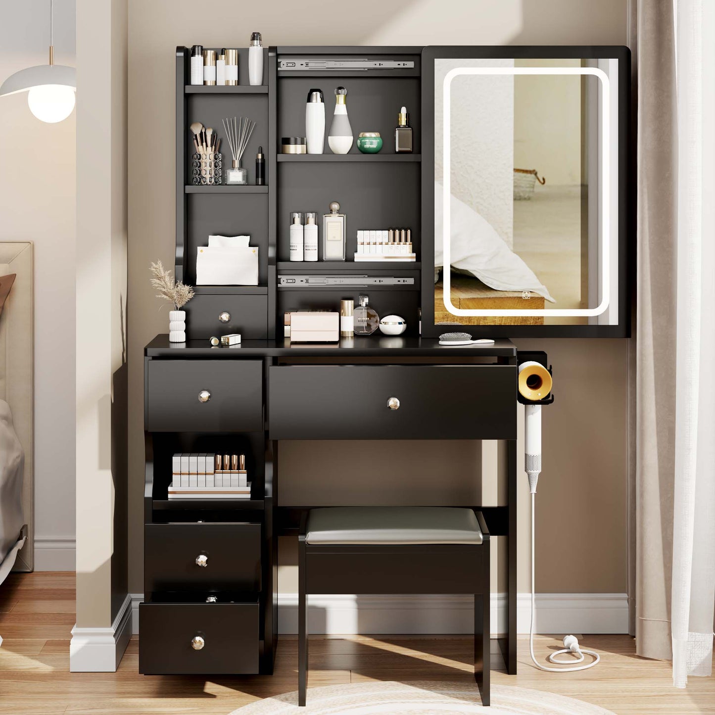 iRerts Vanity Desk with Chair, Makeup Vanity Set with LED Mirror, 2 AC+2 USB Power Station, Brightness Adjustable, Shelf, Drawers, Makeup Vanity Desk Dressing Table Set for Bedroom Small Space, Black