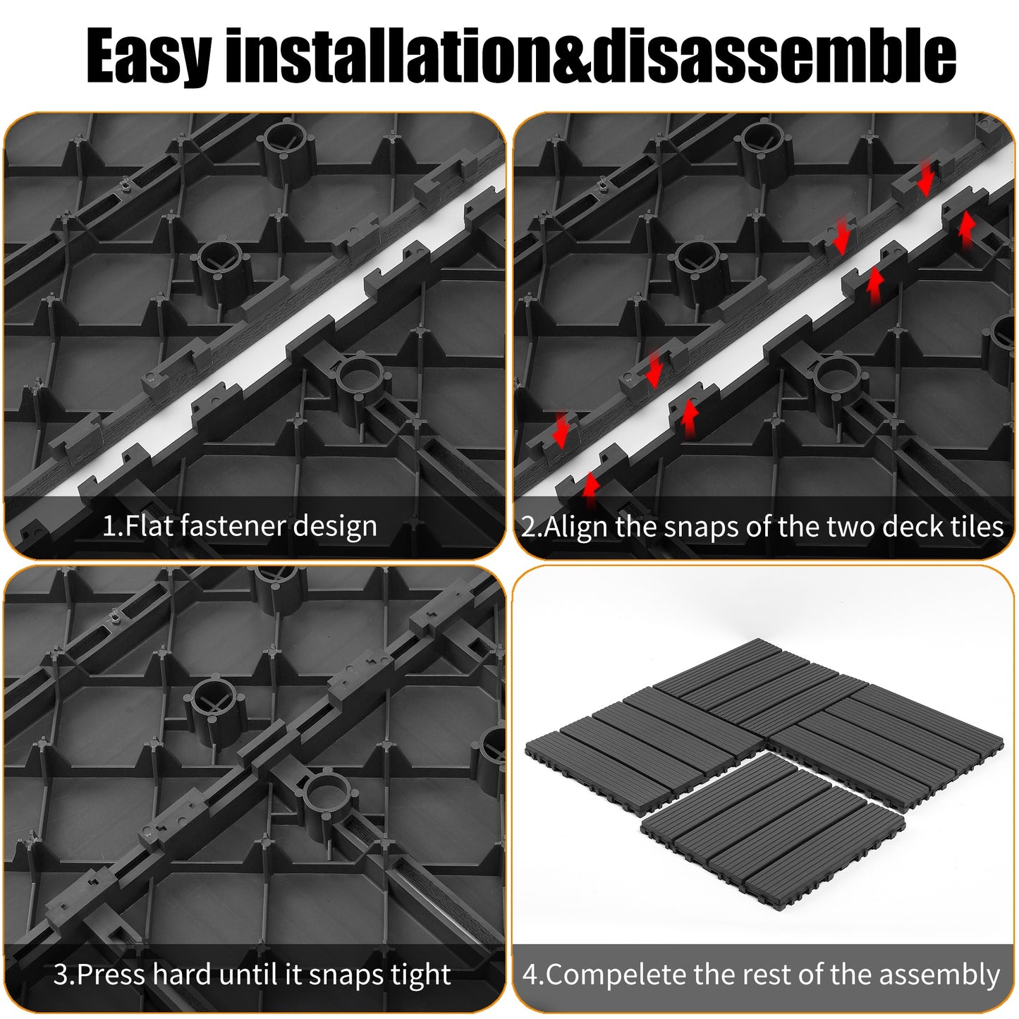 iRerts Plastic Interlocking Deck Tiles, 44 Pack Outdoor Flooring Tiles 12" x 12", All Weather Use, Patio Floor Decking Tiles for Porch Poolside Balcony Backyard, Gray