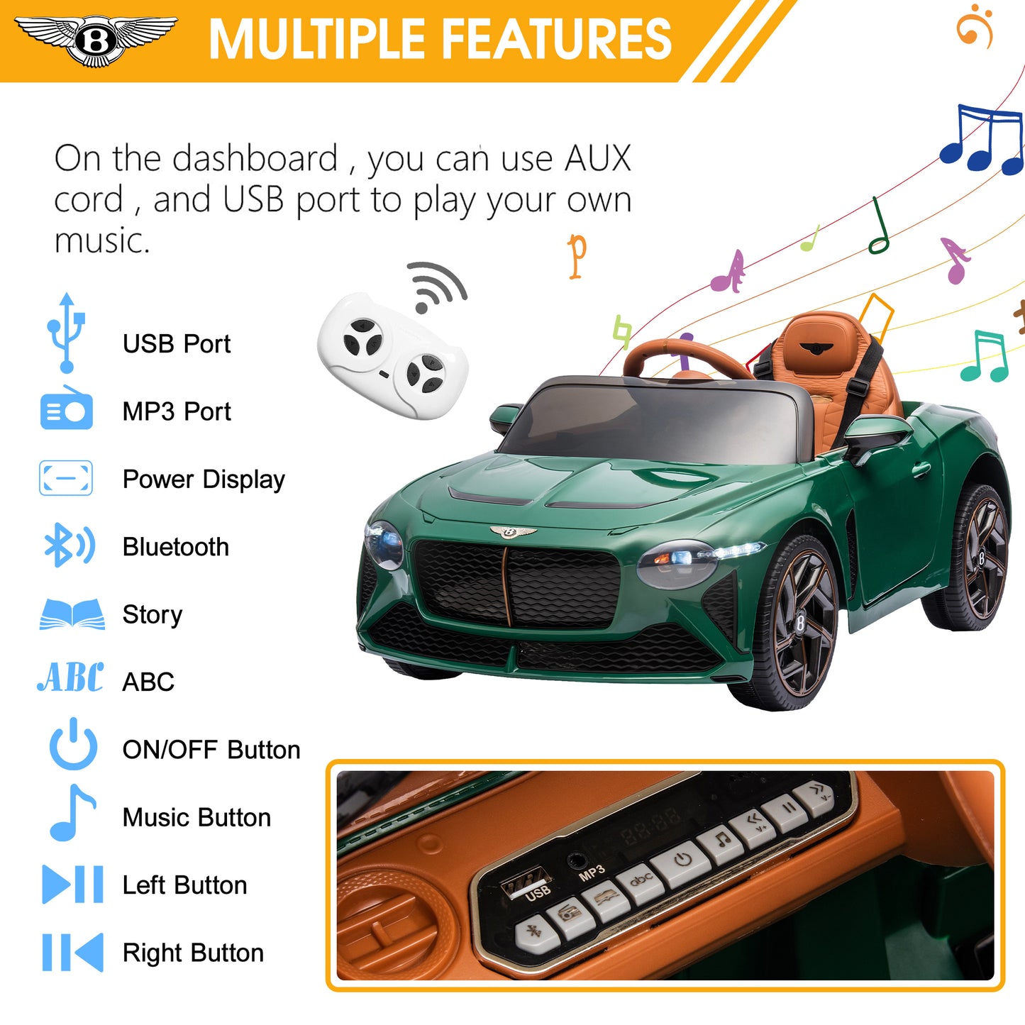12V Ride On Car with Remote Control, Licensed Bentley Mulsanne Kids Electric Car with Bluetooth, Music, USB, MP3, LED Light, Battery Powered Electric Ride On Vehicle for Boy Girl Birthday Gift, Green