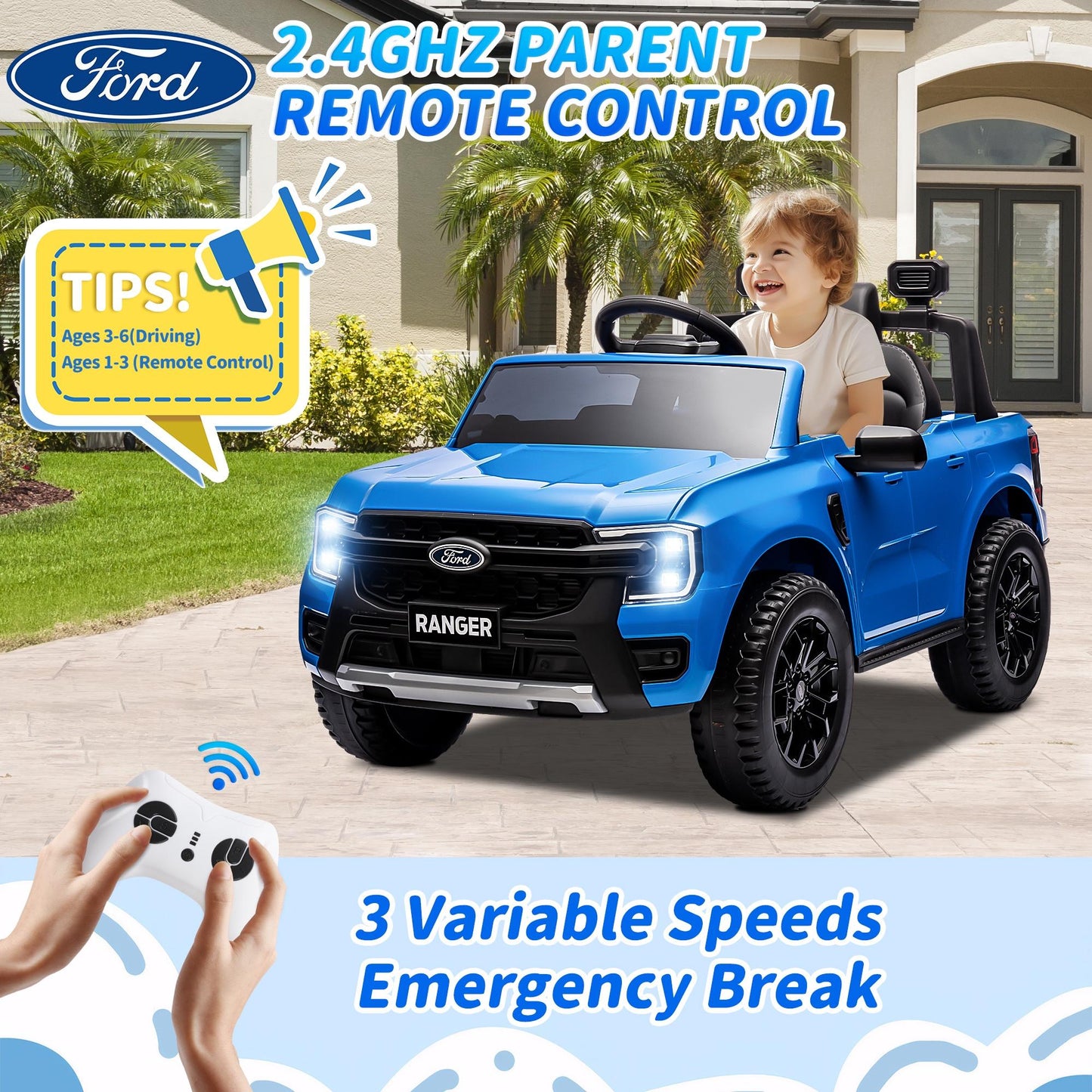 iRerts Blue 12V Ford Ranger Powered Ride on Car with Remote Control, Kids Electric Car for Boys Girls 3-6 Ages, Kids Ride on Toys with Bluetooth, Music, USB Port, Horn, LED Lights