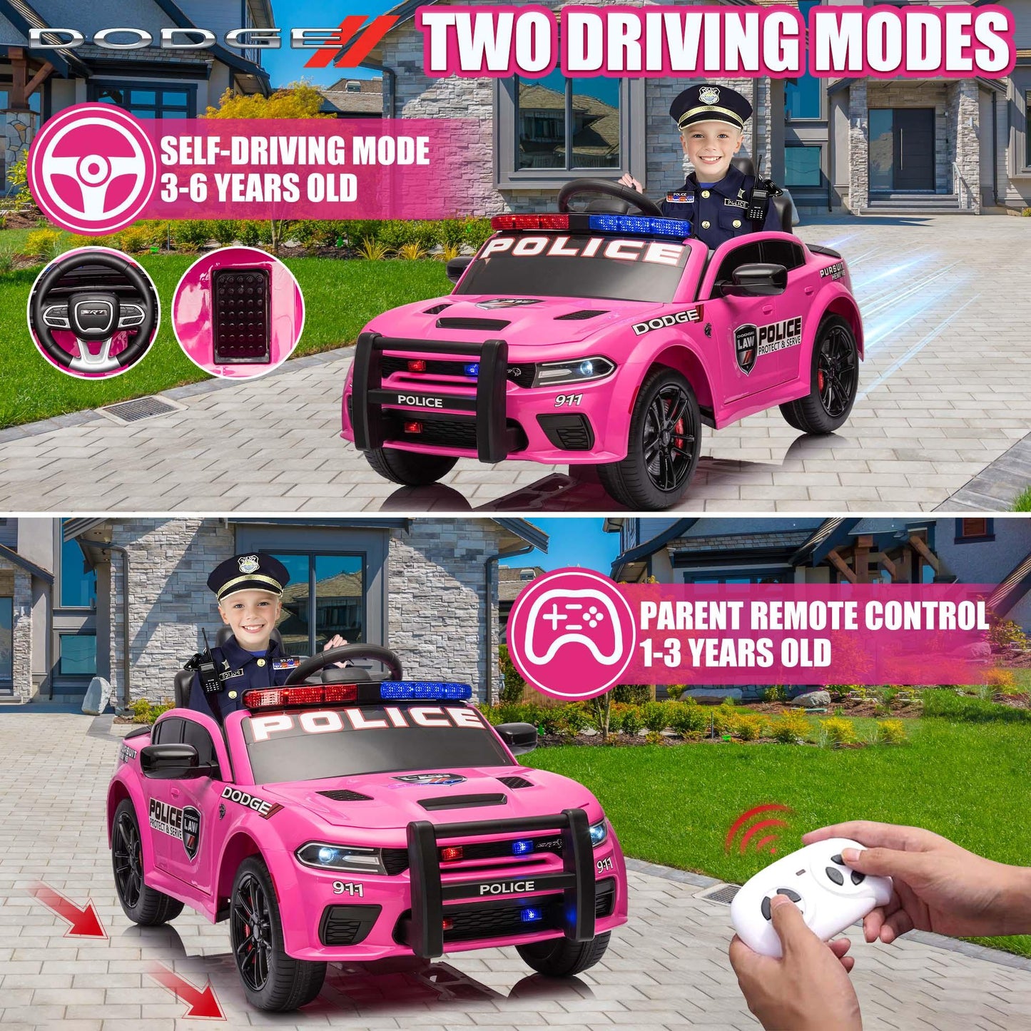 Dodge Charger 12V Ride on Police Cars, Battery Powered Ride on Toy Car with Remote Control for Boys Girls Gifts, Electric Car for Kids with Bluetooth, Music Player, LED Lights, 3 Speeds, Pink