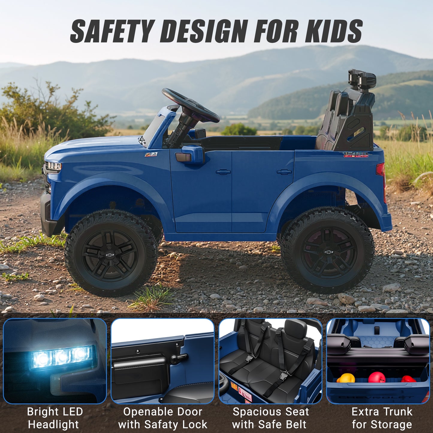 24V Powered Ride on Toys Car, Licensed Chevrolet Silverado 2 Seater Ride on Cars with Remote Control, Spring Suspension, LED Lights, Bluetooth Music, Toddler Electric Car for Kids Ages 3+, Blue