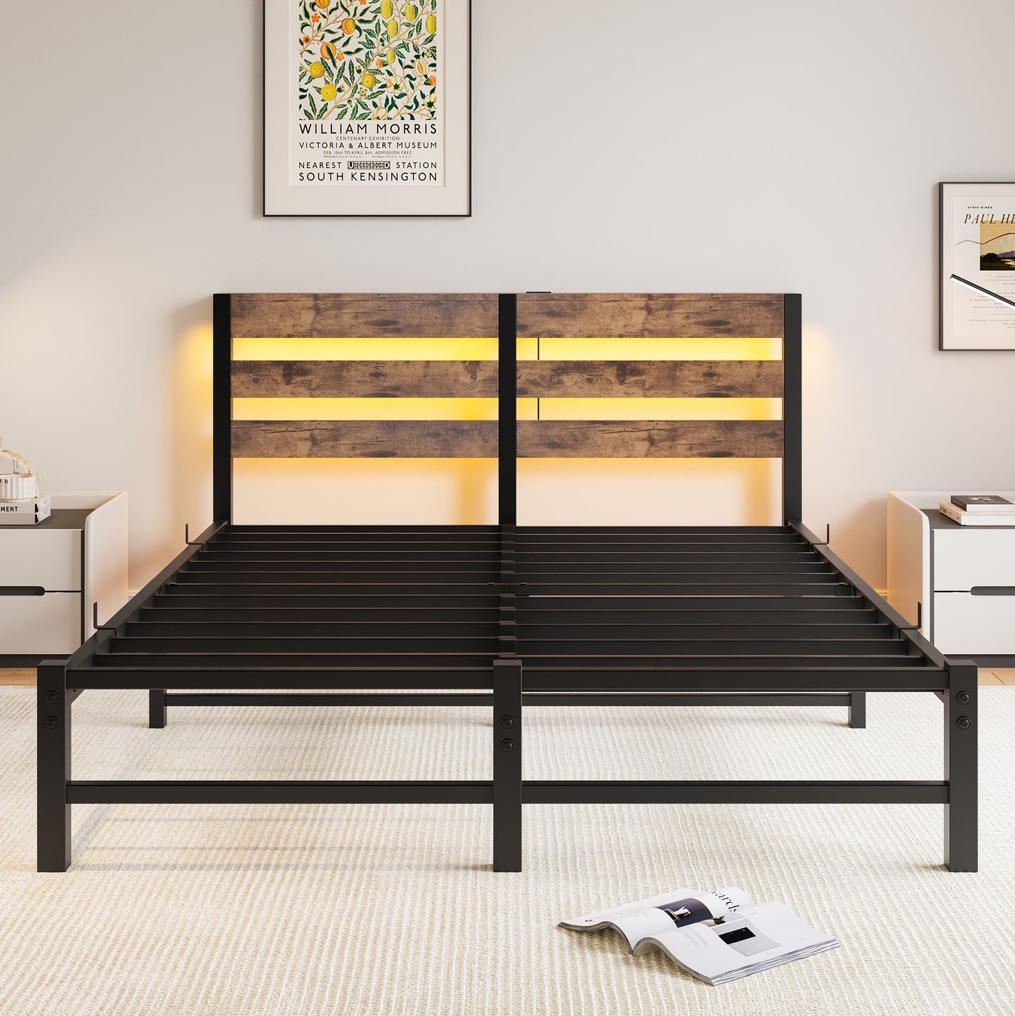 iRerts Queen Bed Frame with Headboard, Metal Platform Bed Frame Queen Size with USB Charging Station, LED Lights, Steel Slats, LED Bed Frame No Box Spring Needed for Bedroom Furniture, Brown