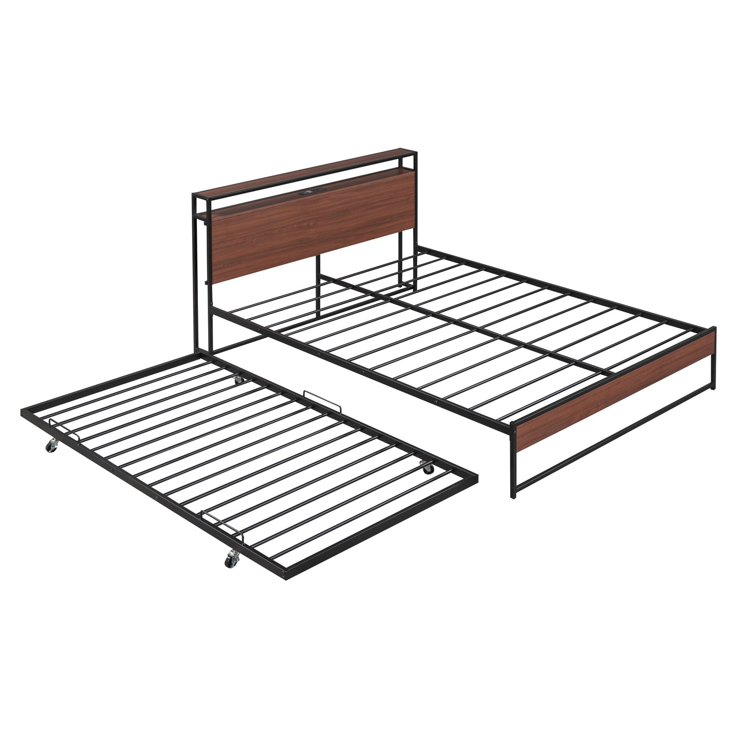 Queen Size Metal Platform Bed Frame with Twin Size Trundle, Queen Size Bed Frame with Storage Headboard, Outlet/USB Ports, Steel Slat Support, Queen Bed Frame No Box Spring Needed for Bedroom, Black