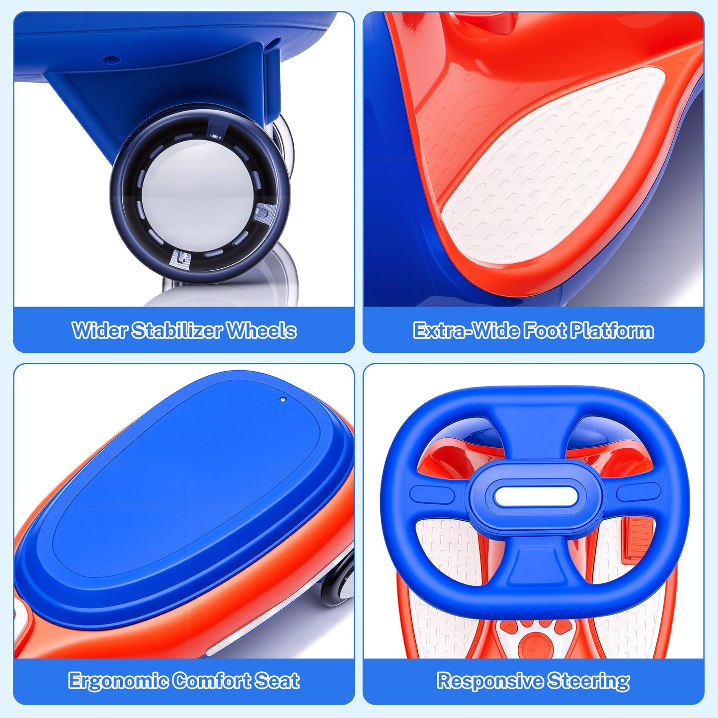 iRerts 12V Ride on Toys, Electric Ride on Wiggle Car with Pedal, 2 in 1 Swing Car Kids Wiggle Car for Toddlers Ages 3+, Kids Cars with Flashing PU Wheels, Bluetooth Music, 5MPH Max Speed, Blue+Red