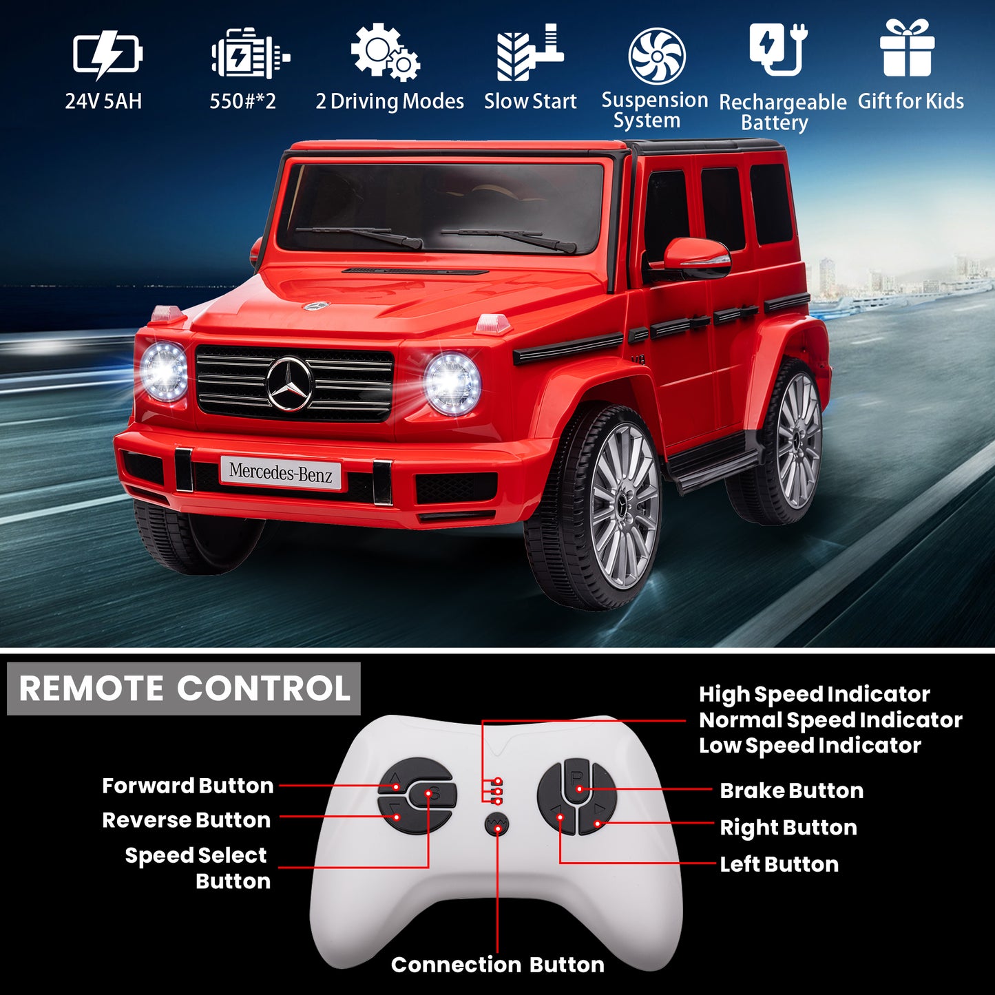 24V Ride On Cars with Remote Control, Licensed Mercedes Benz G500 Kids Electric Car for Boys Girls Gifts, Battery Powered Ride on Trucks Toys with Bluetooth, MP3, Music, Led Lights, USB, Red