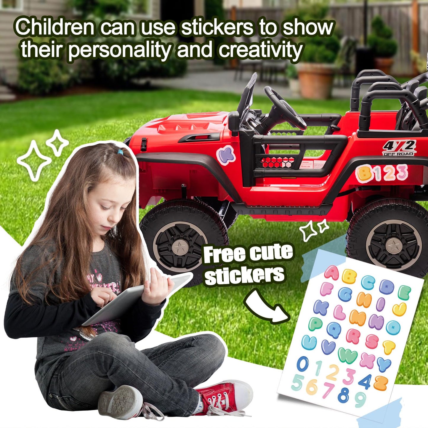 iRerts 24V 2 Seater Ride on Car, Powered Ride on Toys for Bid Kids Boys Girls Gifts, Kids Car Electric Vehicle with Remote Control, Music, Bluetooth, LED Light, USB/MP3 Port, 4 Wheel Suspension, Red