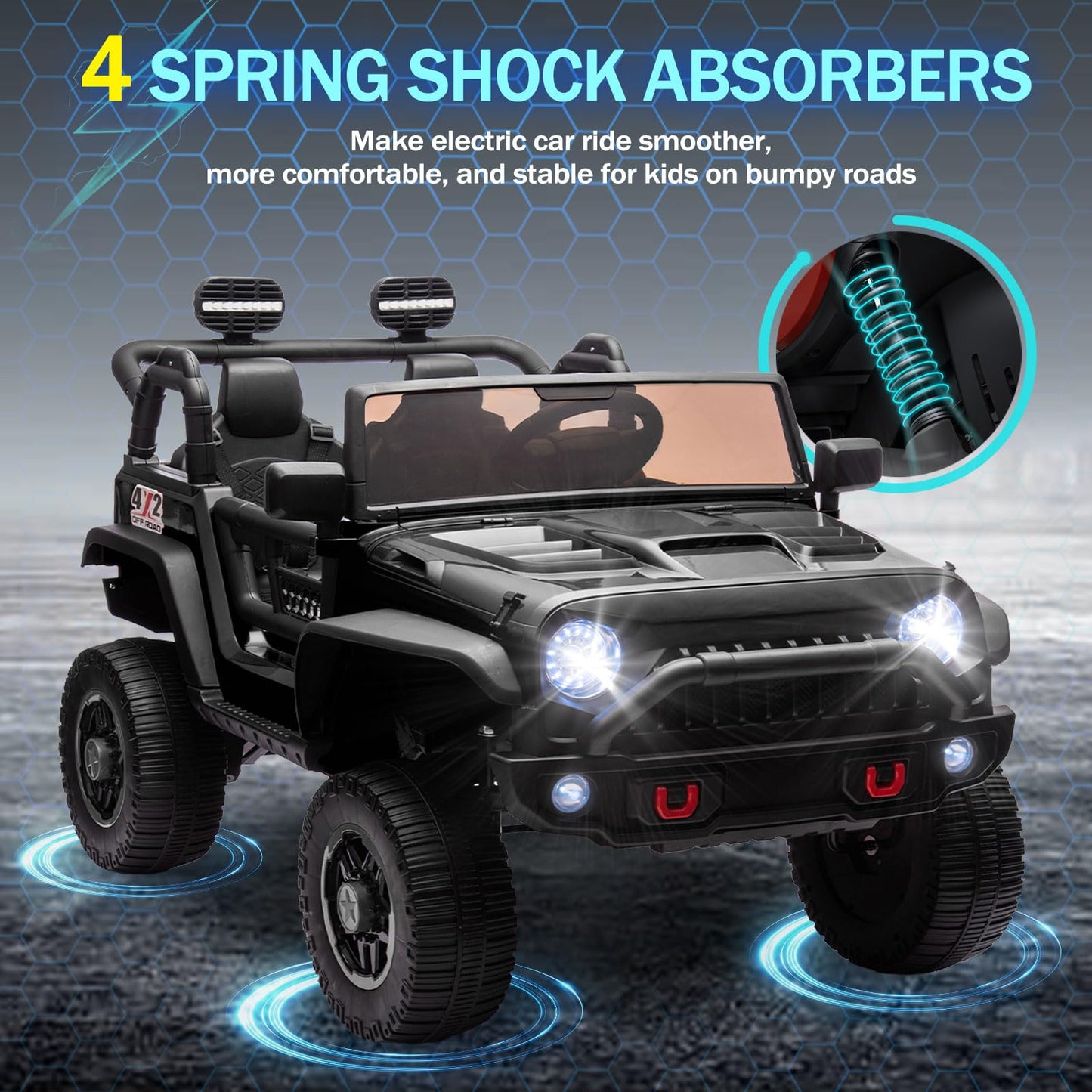 iRerts 24V 2 Seater Ride on Car, Powered Ride on Toys for Bid Kids Boys Girls Gifts, Kids Car Electric Vehicle with Remote Control, Music, Bluetooth, LED Light, USB/MP3 Port, 4 Wheel Suspension, Black