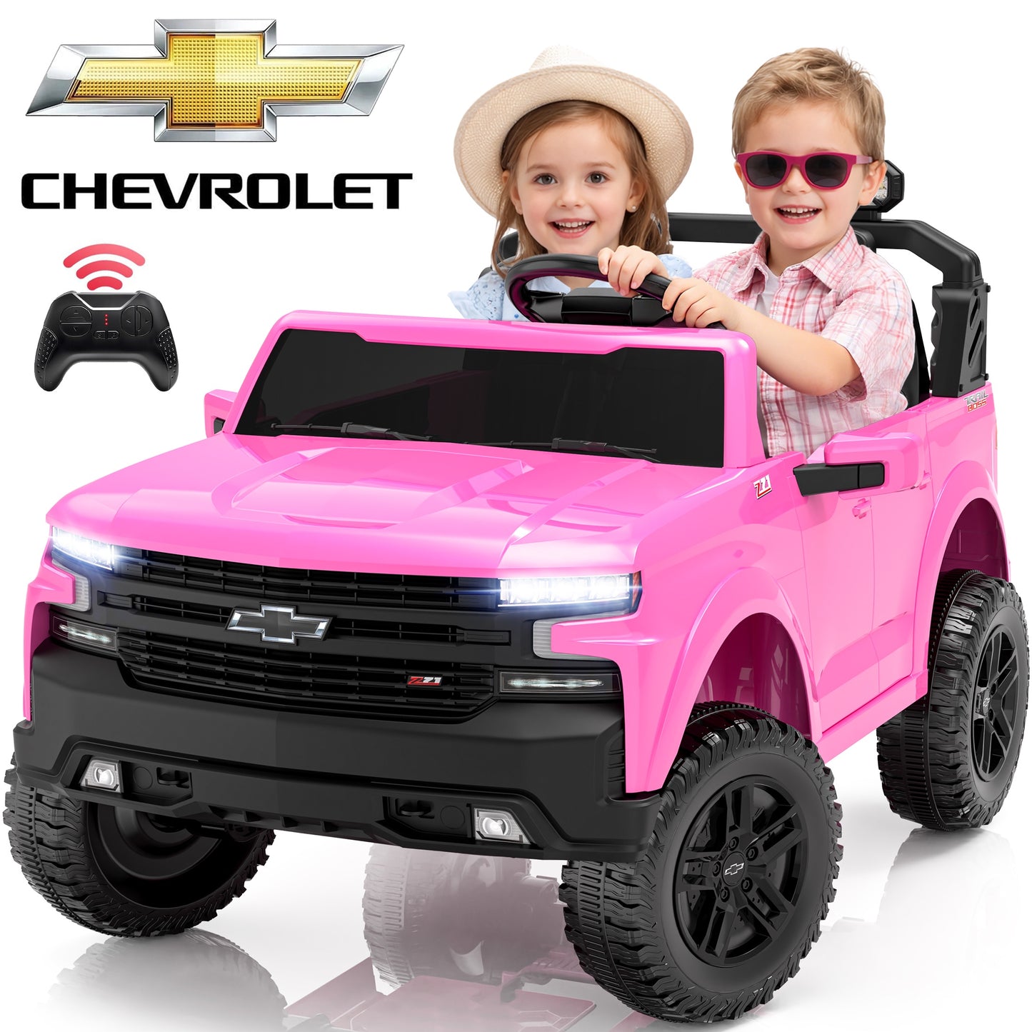 24V Powered Ride on Toys Car, Licensed Chevrolet Silverado 2 Seater Ride on Cars with Remote Control, Spring Suspension, LED Lights, Bluetooth Music, Toddler Electric Car for Kids Ages 3+, Pink