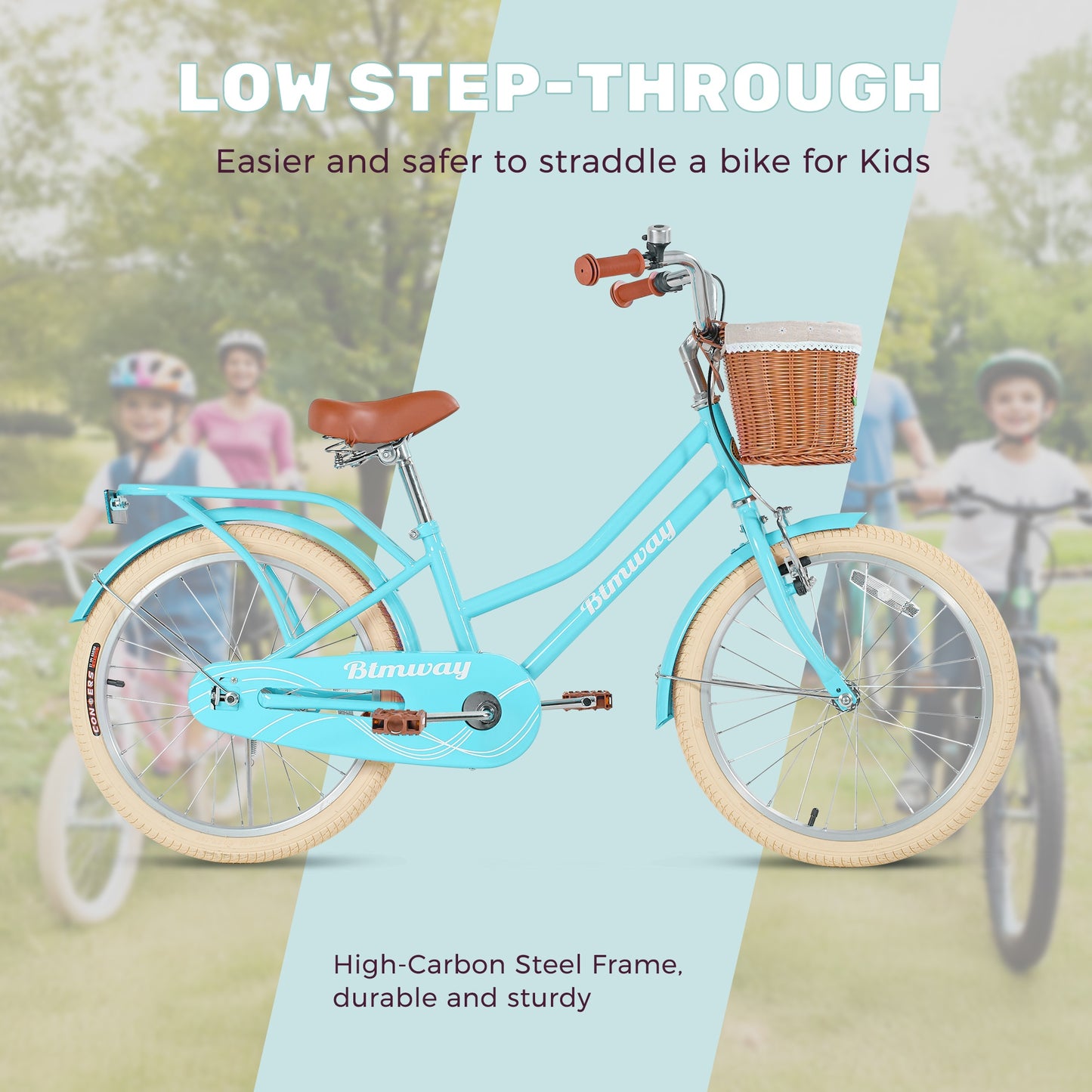 iRerts 20 Inch Girls Bike with Basket, Kids Bike for Girls Ages 7-10 with Bike Wheel Lights, Girls Bicycle with Kickstand, Leather Saddle, Coaster Brakes, Blue