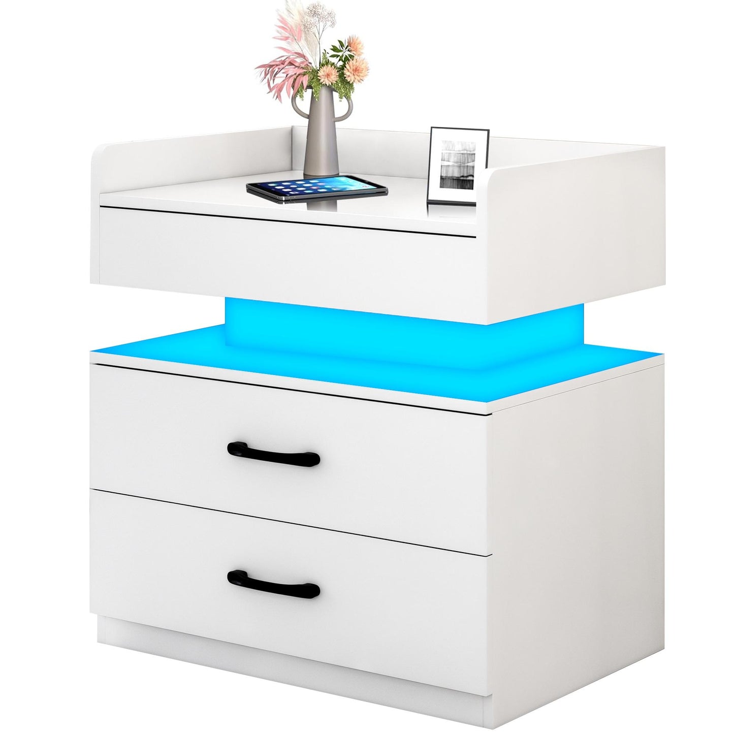 iRerts Bedside Table with Charging Station, Wood High Gloss Nightstand for Bedroom with Plug Outlet, 2 USB Ports, 2 Drawers, 16 LED Lights, Modern Night Stands End Side Table for Bedroom Office, White