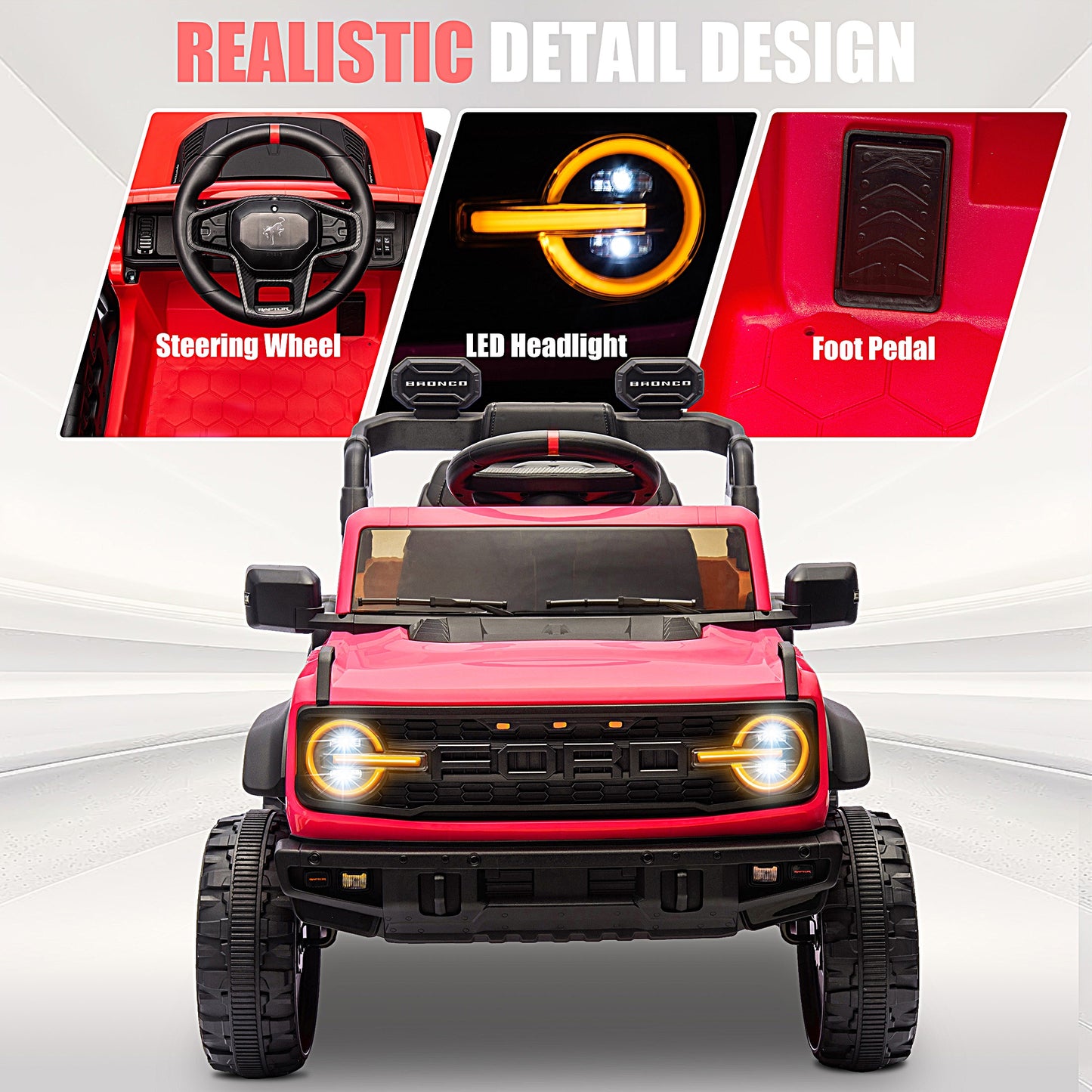 iRerts 12V Ride on Cars, Licensed Ford Bronco Raptor Toddlers Ride on Toys with Parental Remote Control, Bluetooth, FM Radio, LED Lights, Electric Car for Kids Boys Girls Ages 3-6,Red