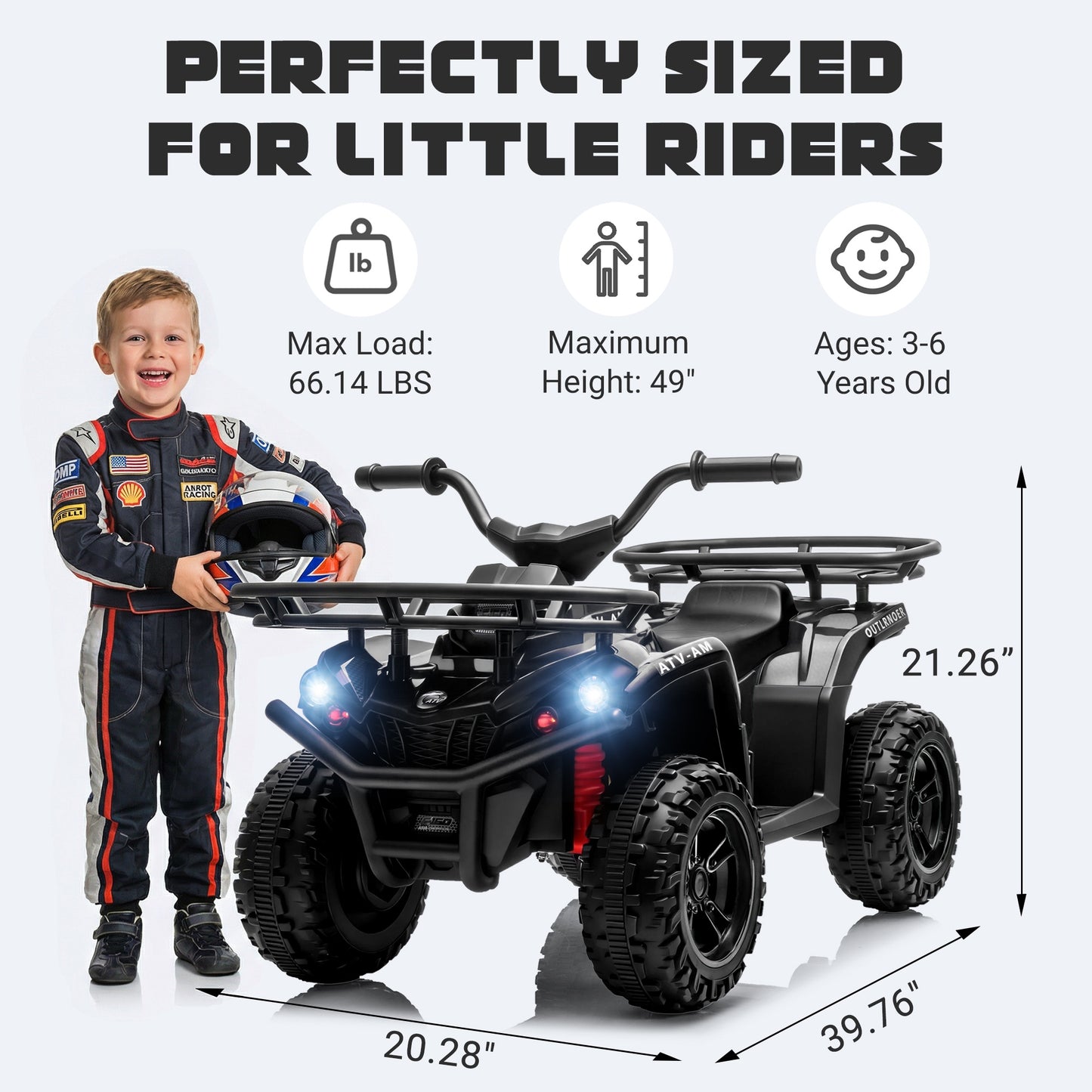 iRerts 24V Ride on ATV, Powered Ride on Toys for Kids Boys Girls Ages 3-5, Kids 4 Wheeler Electric Cars with Bluetooth, Music, LED Headlights, Front Rear Storage Racks, Crash Bars, Black