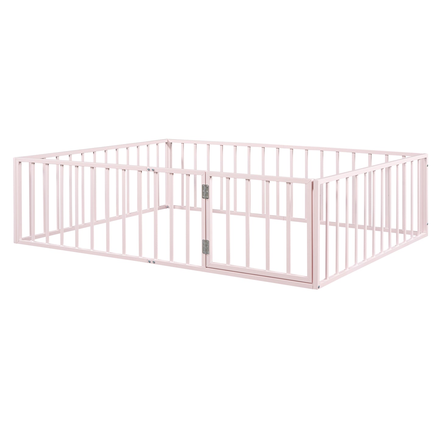 iRerts Queen Floor Bed Frame, Metal Queen Size Montessori Floor Bed Frame with Fence and Door, Kids Toddler Floor Bed Frame Queen Size for Girls Boys, Twin Bed Frame without Bed Slats, Pink