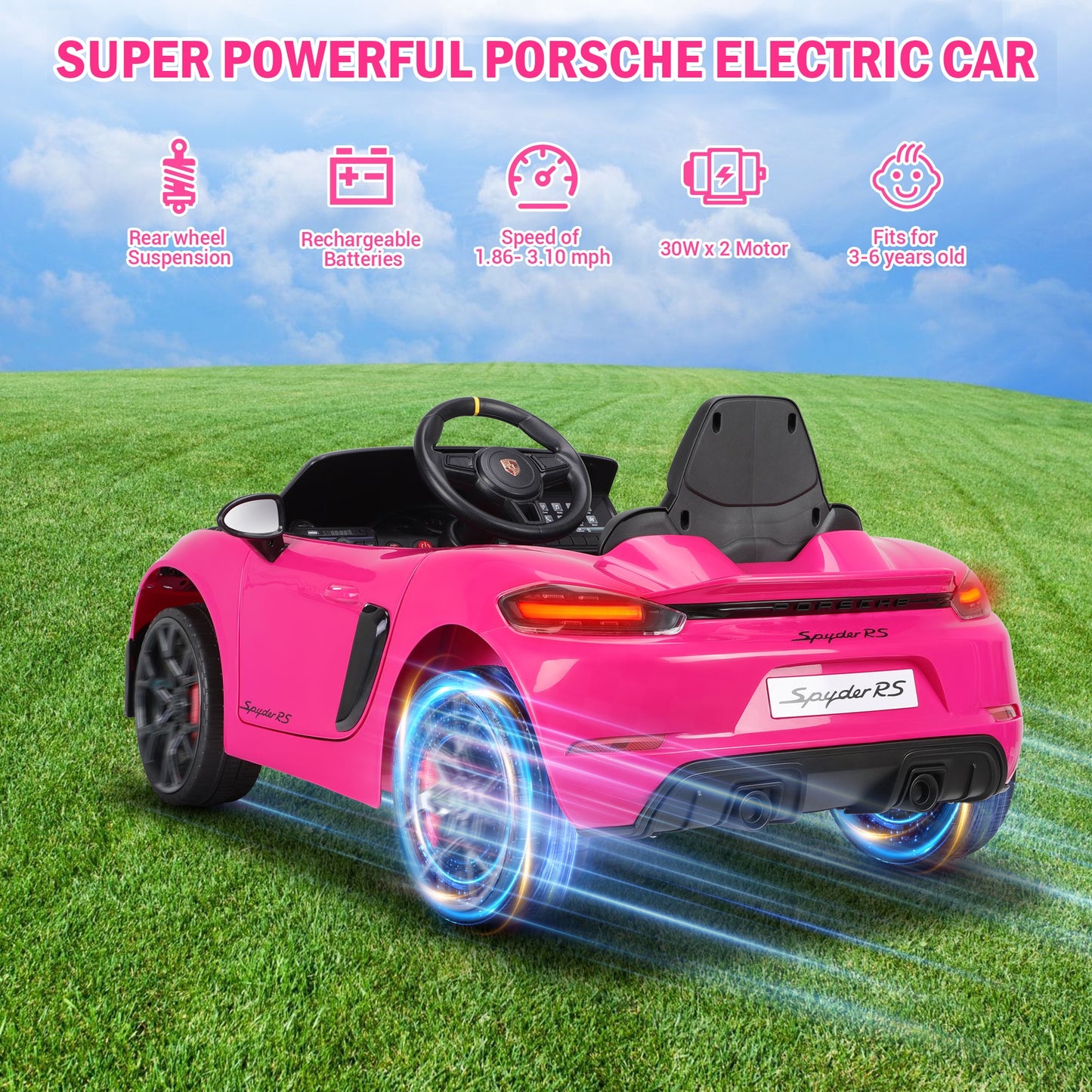 12V Powered Ride On Toys, Licensed Porsche 718 Ride on Car for Kids Boys Girls Christmas Gifts Ages 3-5, Kids Cars Electric Vehicle with Remote Control, Bluetooth, Music, LED Light, 4 Wheeler, Pink