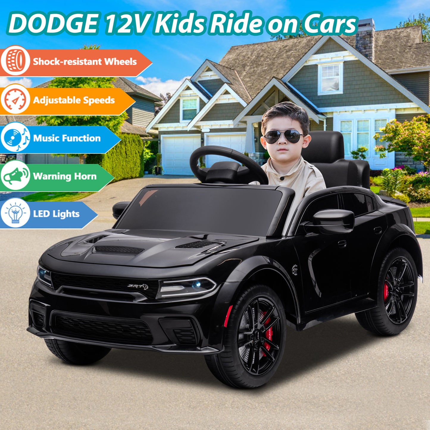Kids Electric Cars With Remote Control, Licensed Dodge Charger 12V Ride on Cars for Boys Girls, Battery Powered Ride on Toys with Bluetooth, USB, MP3, 4 Wheel Suspension, Black