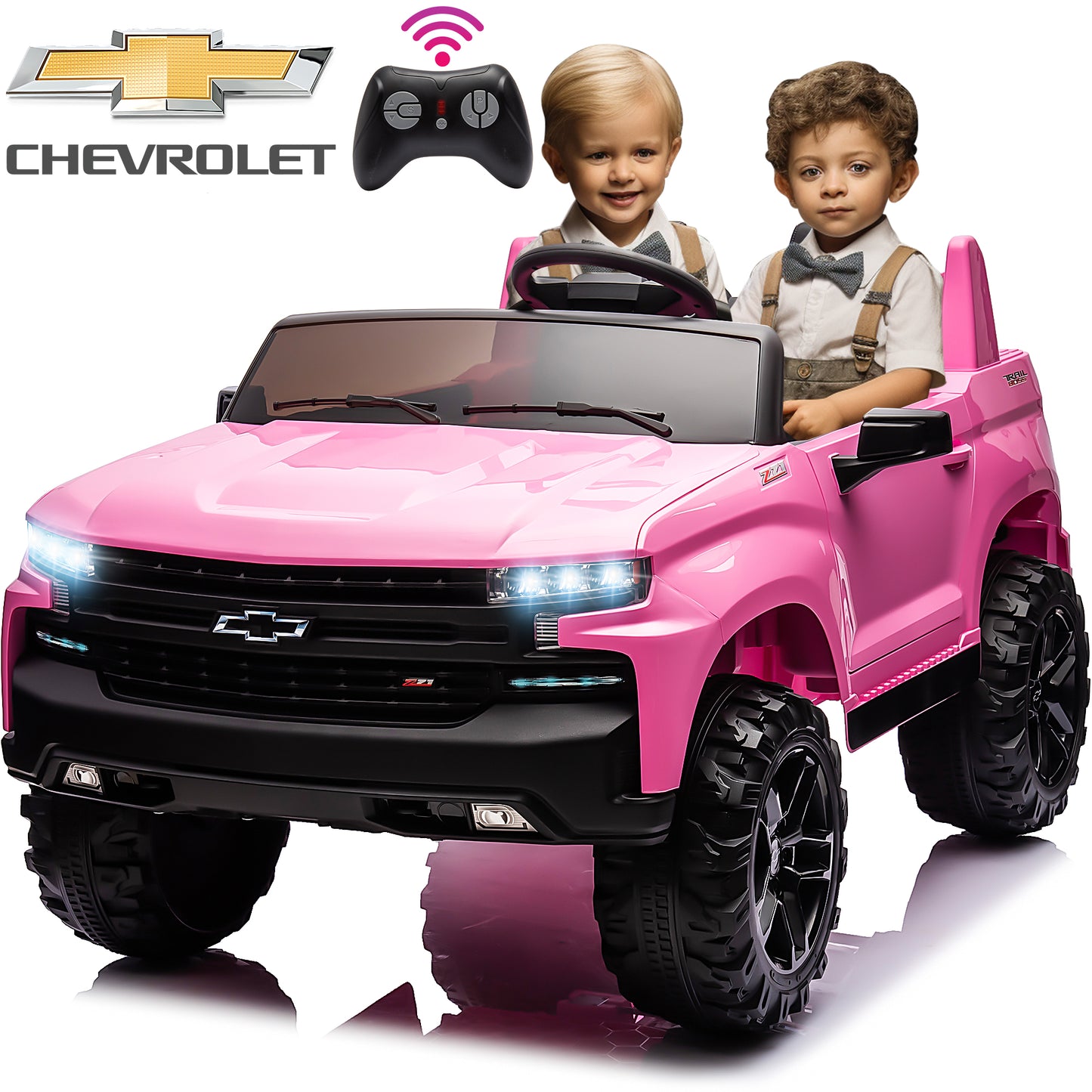 Chevrolet Silverado 24V Ride on Cars with Remote Control, 2 Seater 4 Wheels Kids Electric Cars with Bluetooth, LED Lights, Battery Powered Ride on Truck Toys for Boys Girls Christmas Gifts, Pink