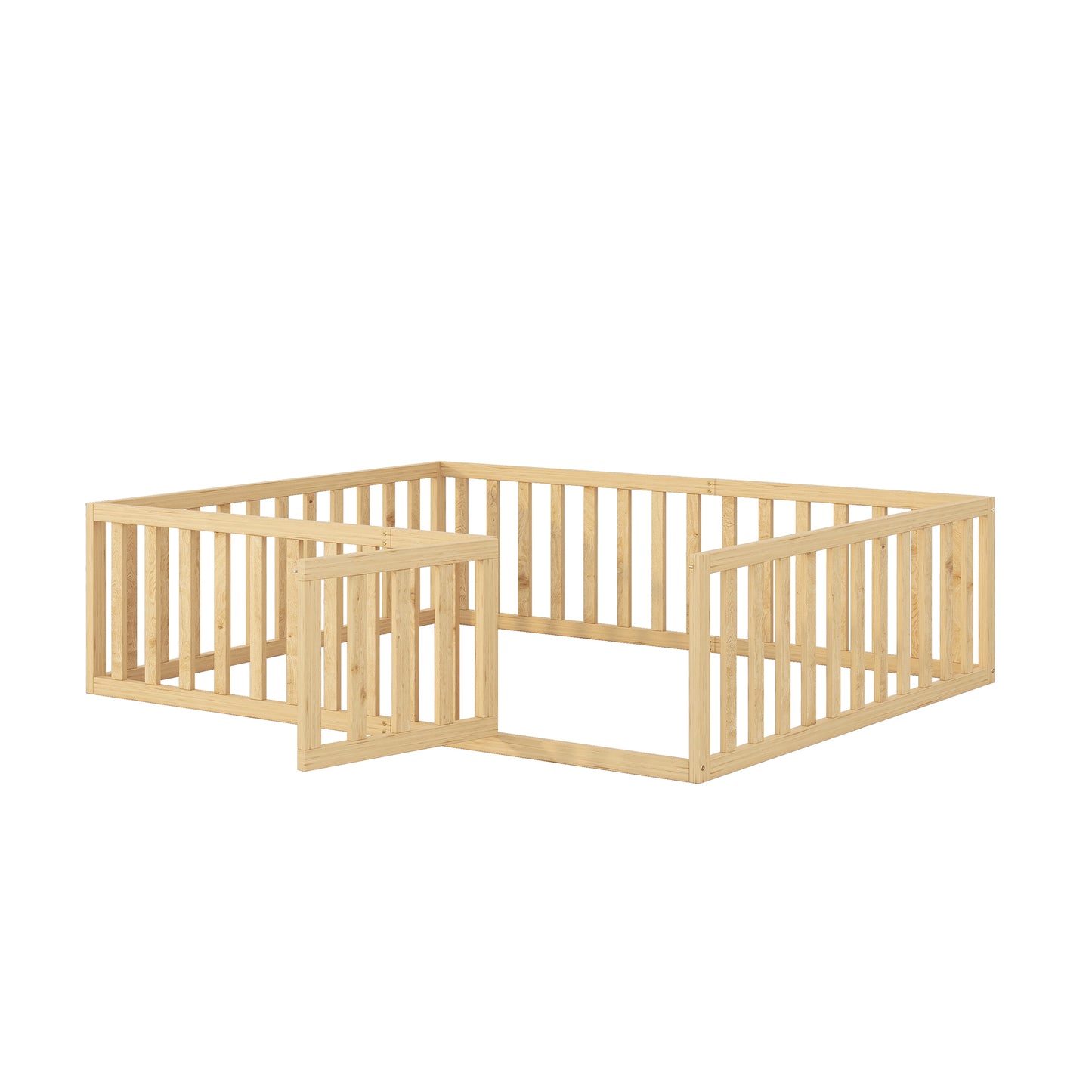 iRerts Queen Floor Bed Frame for Kids Toddlers, Wood Montessori Low Floor Queen Size Bed Frame with Fence Guardrail and Door, kids Queen Bed for Boys Girls, Spring Needed, Natural
