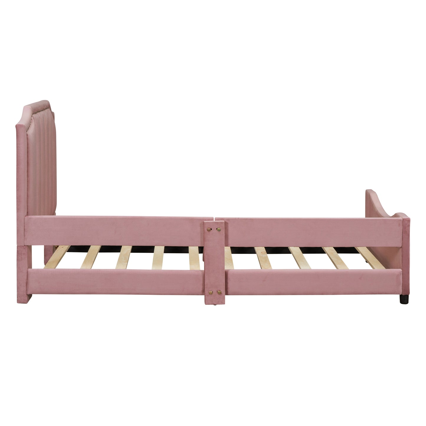 iRerts Upholstered Twin Platform Bed Frame, Velvet Twin Daybed Frame with Classic Stripe Shaped Headboard and Footboard, Wood Twin Size Sofa Bed for Kids Girls Boys, No Box Spring Needed, Pink