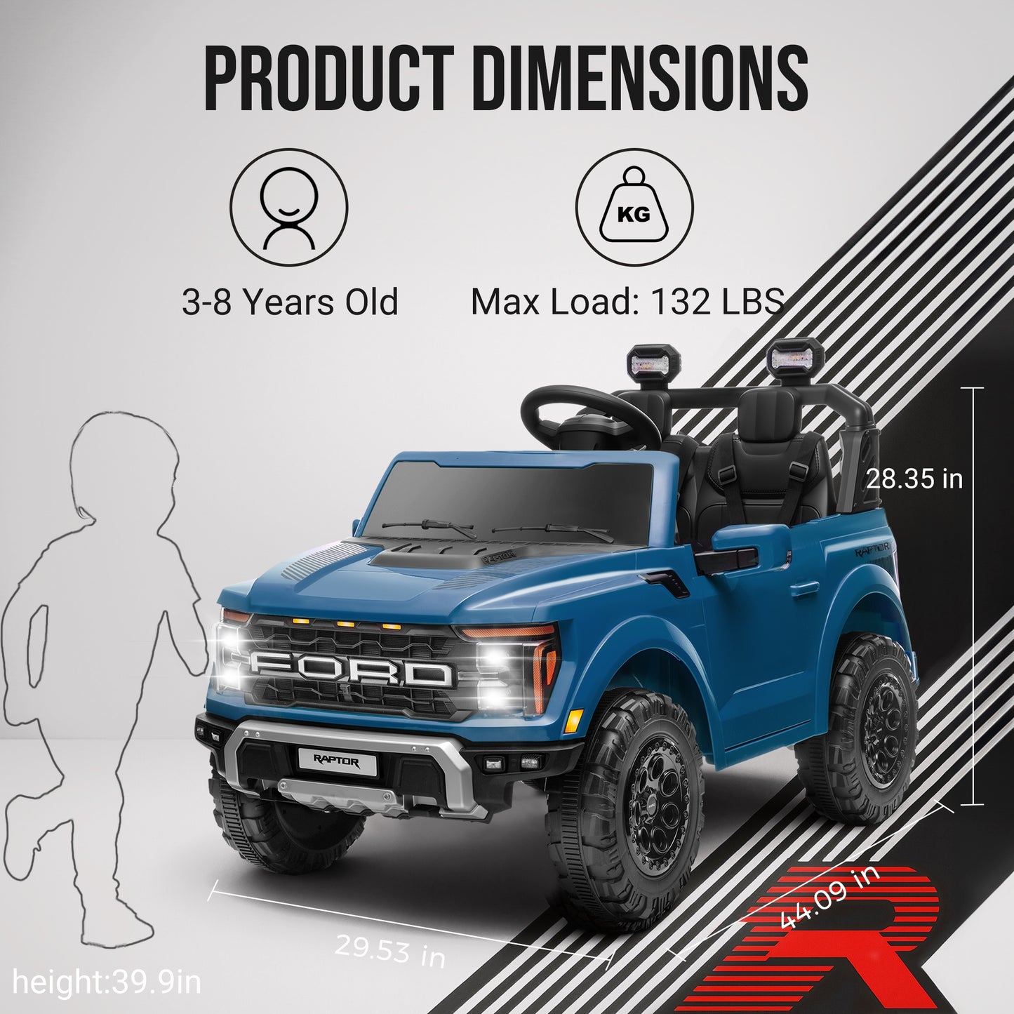 iRerts 24V Ride on Toys for Big Kids, Licensed Ford F 150 Raptor 2 Seater Ride on Cars with Remote Control, Bluetooth, FM Radio, LED Lights, 4 Wheels Suspension, Electric Car for Kids Ages 3-8, Blue