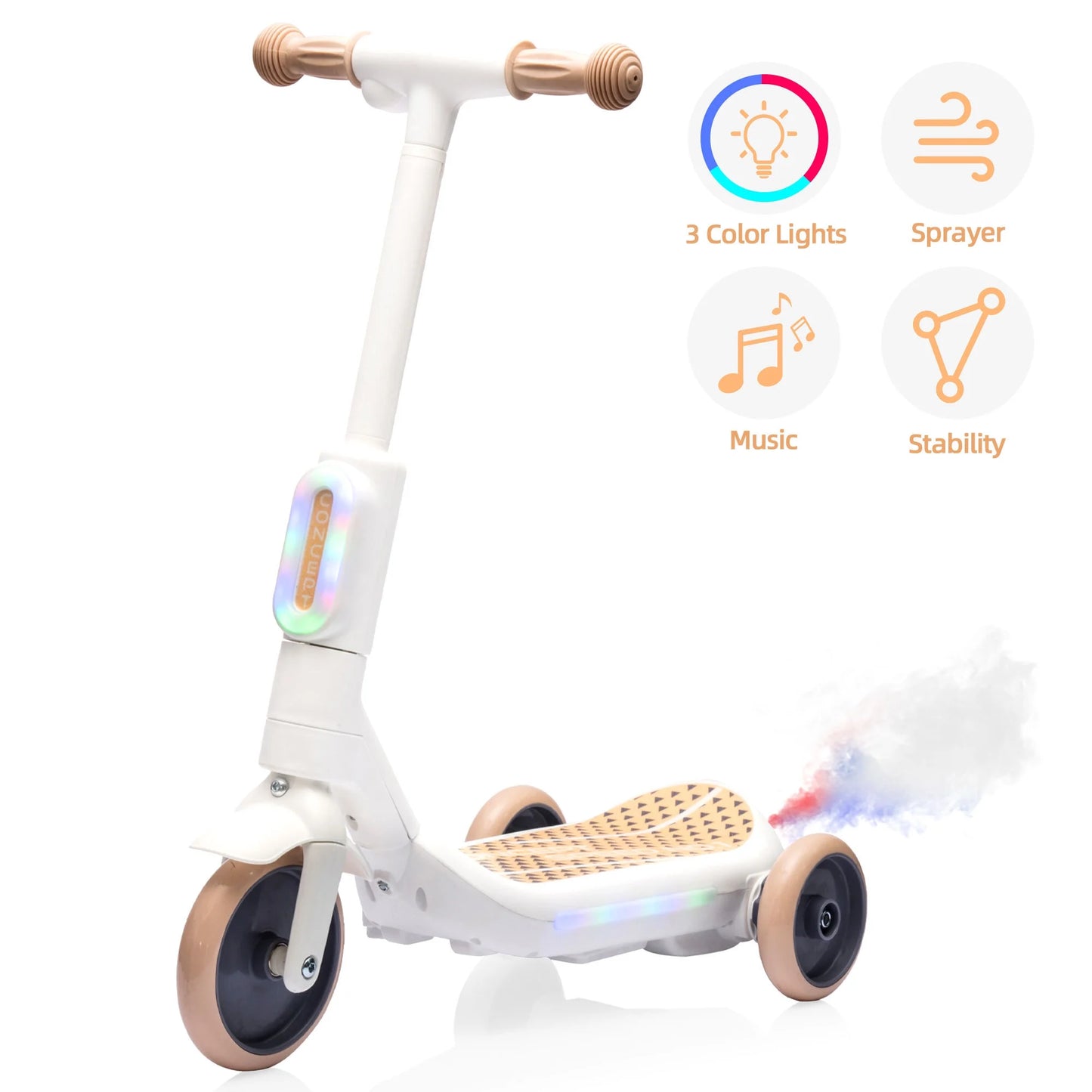 Electric Scooter Scooter for Kids, 3 Wheel Scooter for 3-6 Years Old Boys Girls, 6V Kid Scooter with Music, One Click Start, Steam Sprayer, 3 Colorful Front/Deck Light, White