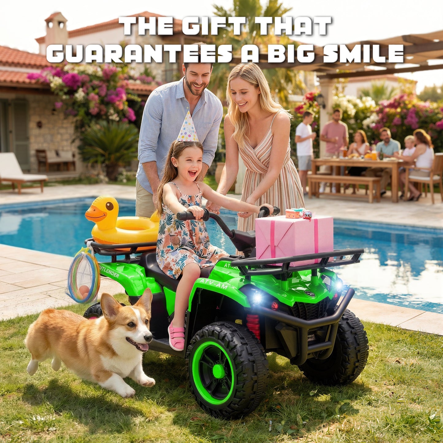 iRerts 24V Ride on ATV, Powered Ride on Toys for Kids Boys Girls Ages 3-5, Kids 4 Wheeler Electric Cars with Bluetooth, Music, LED Headlights, Front Rear Storage Racks, Crash Bars, Green