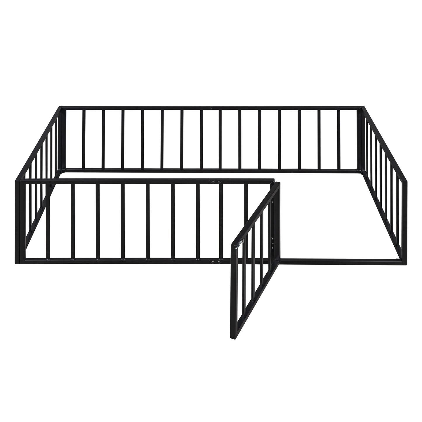 iRerts Twin Floor Bed Frame, Metal Twin Size Montessori Floor Bed Frame with Fence and Door, Kids Toddler Floor Bed Frame Twin Size for Girls Boys, Twin Bed Frame without Bed Slats, Black