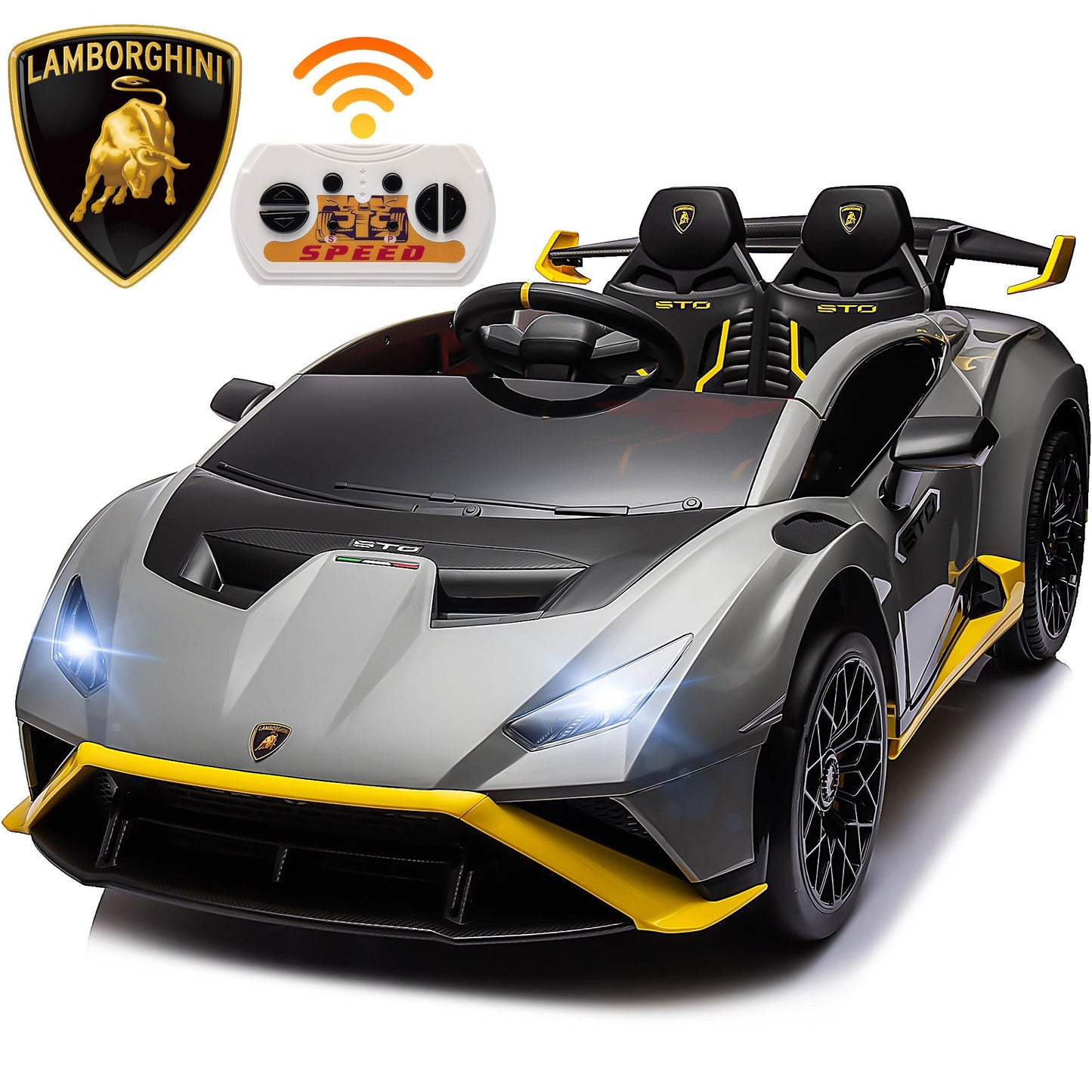 iRerts Gray 24V Lamborghini Ride on Cars with Remote Control, Battery Powered Kids Ride on Toys for Boys Girls 3-8 Ages, 4 Wheels Electric Cars for Kids with Bluetooth/Music/USB Port/LED Lights