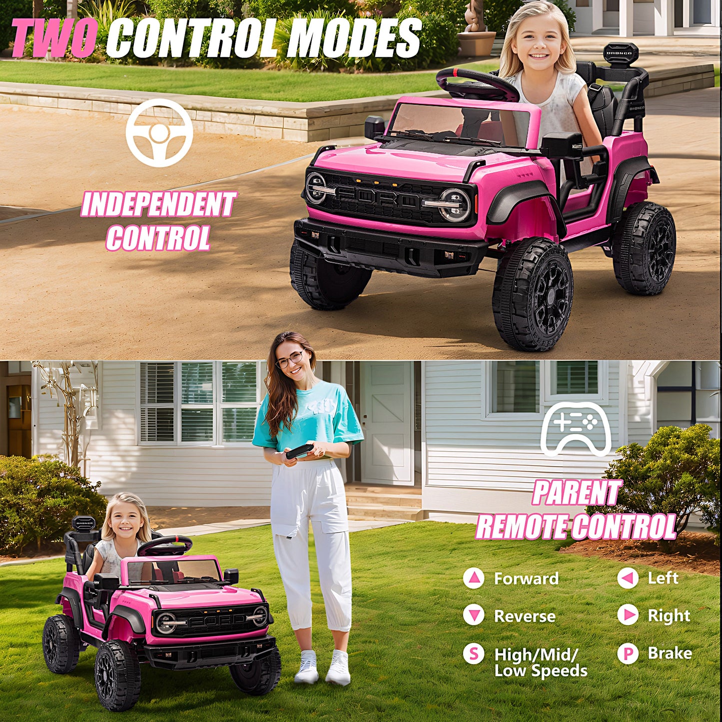 iRerts 12V Ride on Cars, Licensed Ford Bronco Raptor Toddlers Ride on Toys with Parental Remote Control, Bluetooth, FM Radio, LED Lights, Electric Car for Kids Boys Girls Ages 3-6,Pink