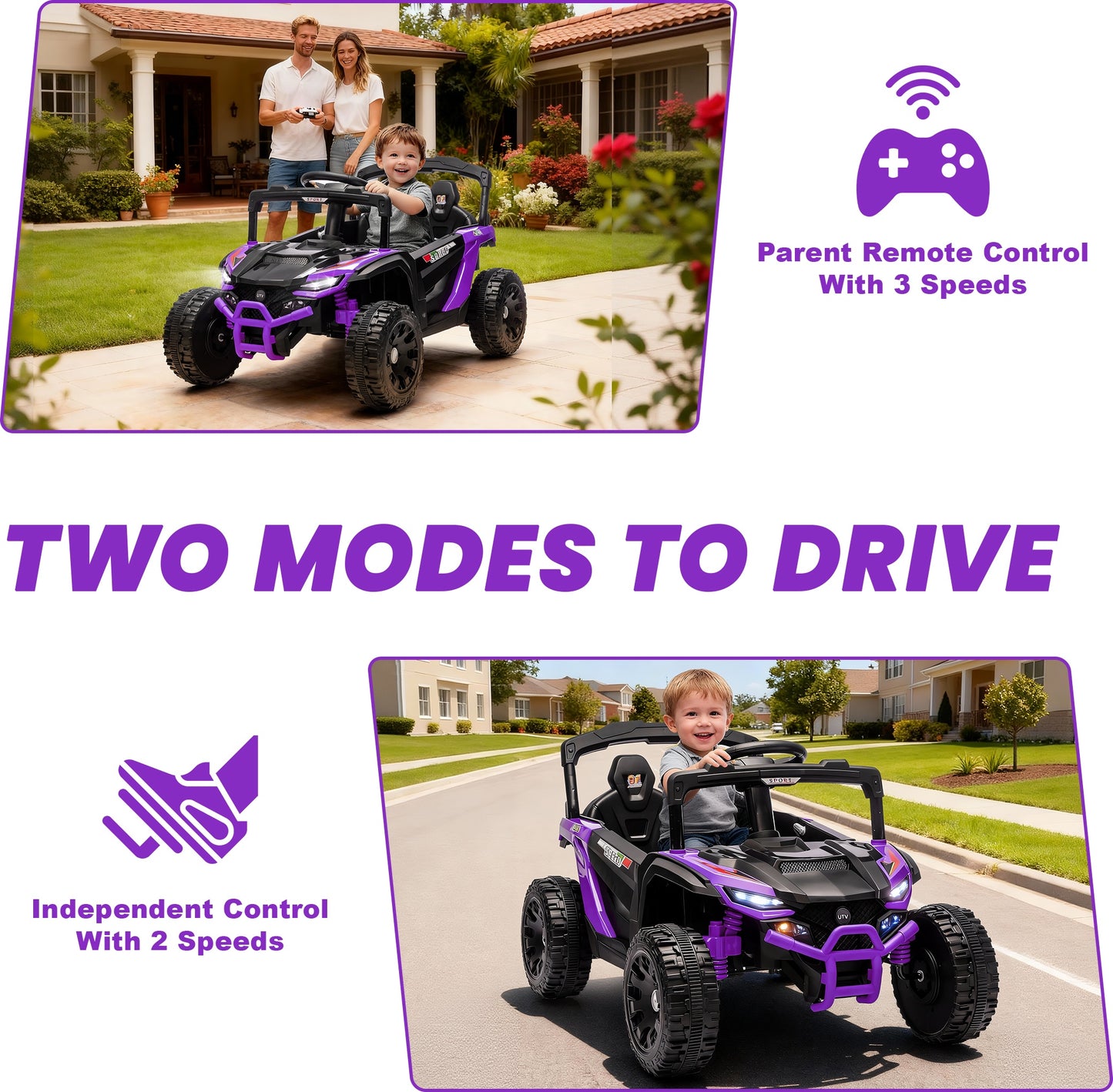 iRerts 24V Powered Ride on Car UTV, Kids Ride on Toys with Remote Control, Bluetooth, Music, 4 Wheels Suspension, LED Light, Kids Car 4 Wheeler Electric Vehicles for Boys Girls Ages 3-5 Gifts, Purple