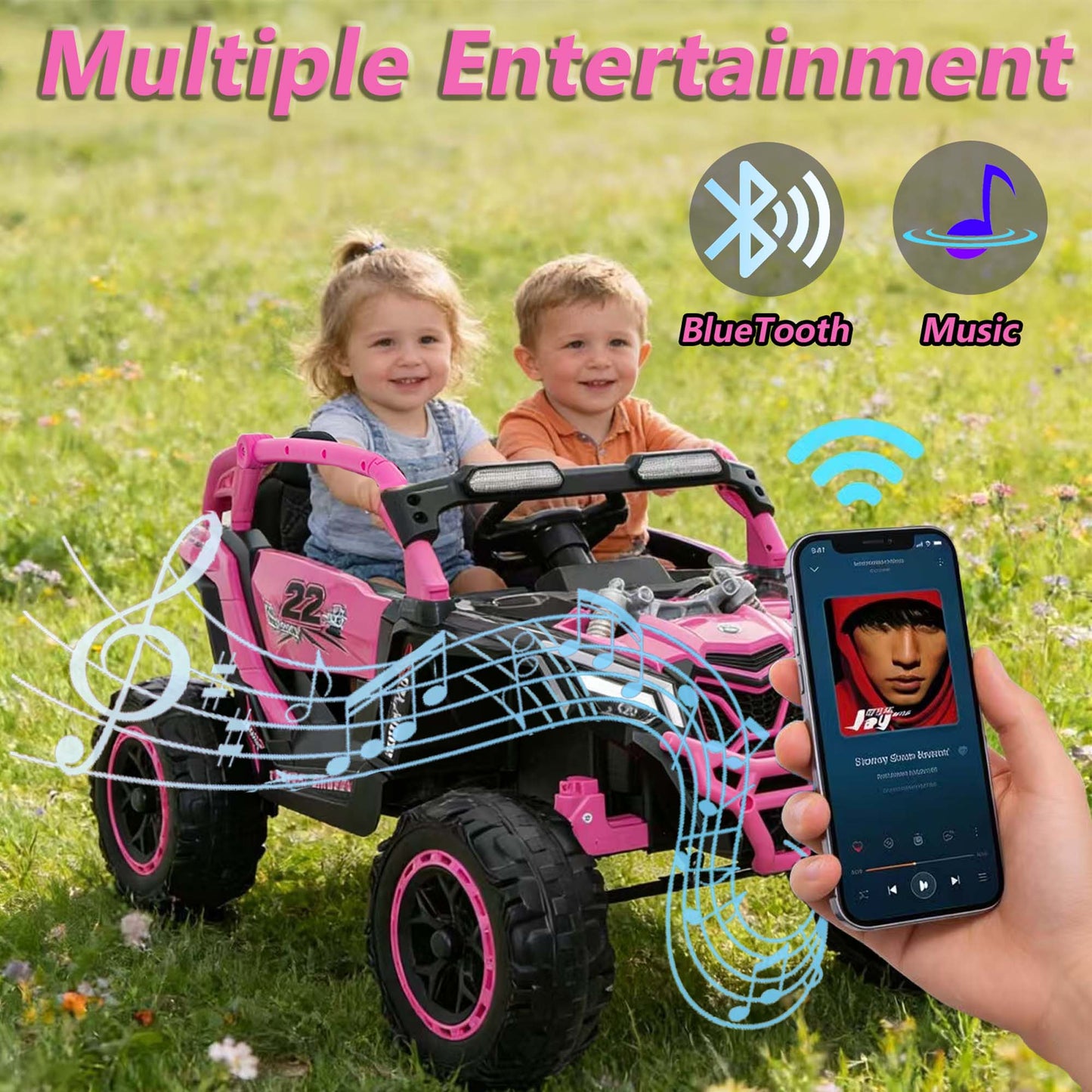 iRerts 24V Ride on Toys with Parents Remote Control, Ride on UTV Car with Bluetooth, MP3 Port, Music, LED Lights, 4 Shock Absorbers, Battery Powered Electric Car for Kids Ages 2-6, Magenta