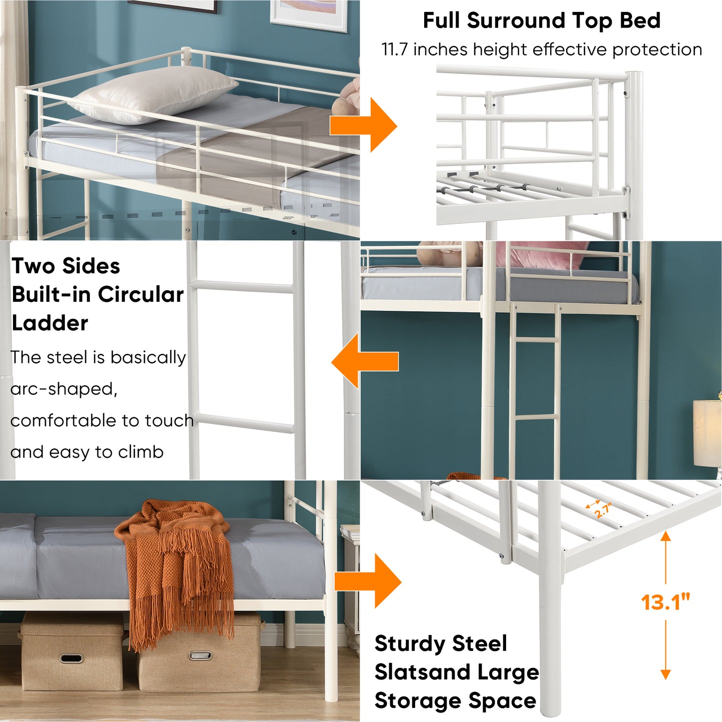 iRerts Metal Twin over Twin Bunk Bed, Convertible Bunk Beds Twin over Twin with 2 Ladders and Full-Length Guardrail, Modern Twin Bunk Beds for Adults Teens Kids Bedroom, No Box Spring Needed, White