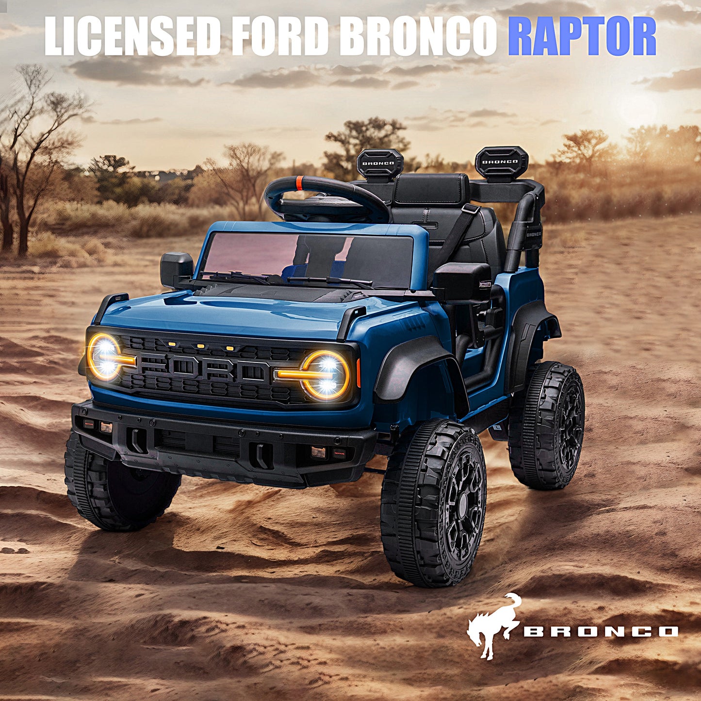 iRerts 12V Ride on Cars, Licensed Ford Bronco Raptor Toddlers Ride on Toys with Parental Remote Control, Bluetooth, FM Radio, LED Lights, Electric Car for Kids Boys Girls Ages 3-6,Blue
