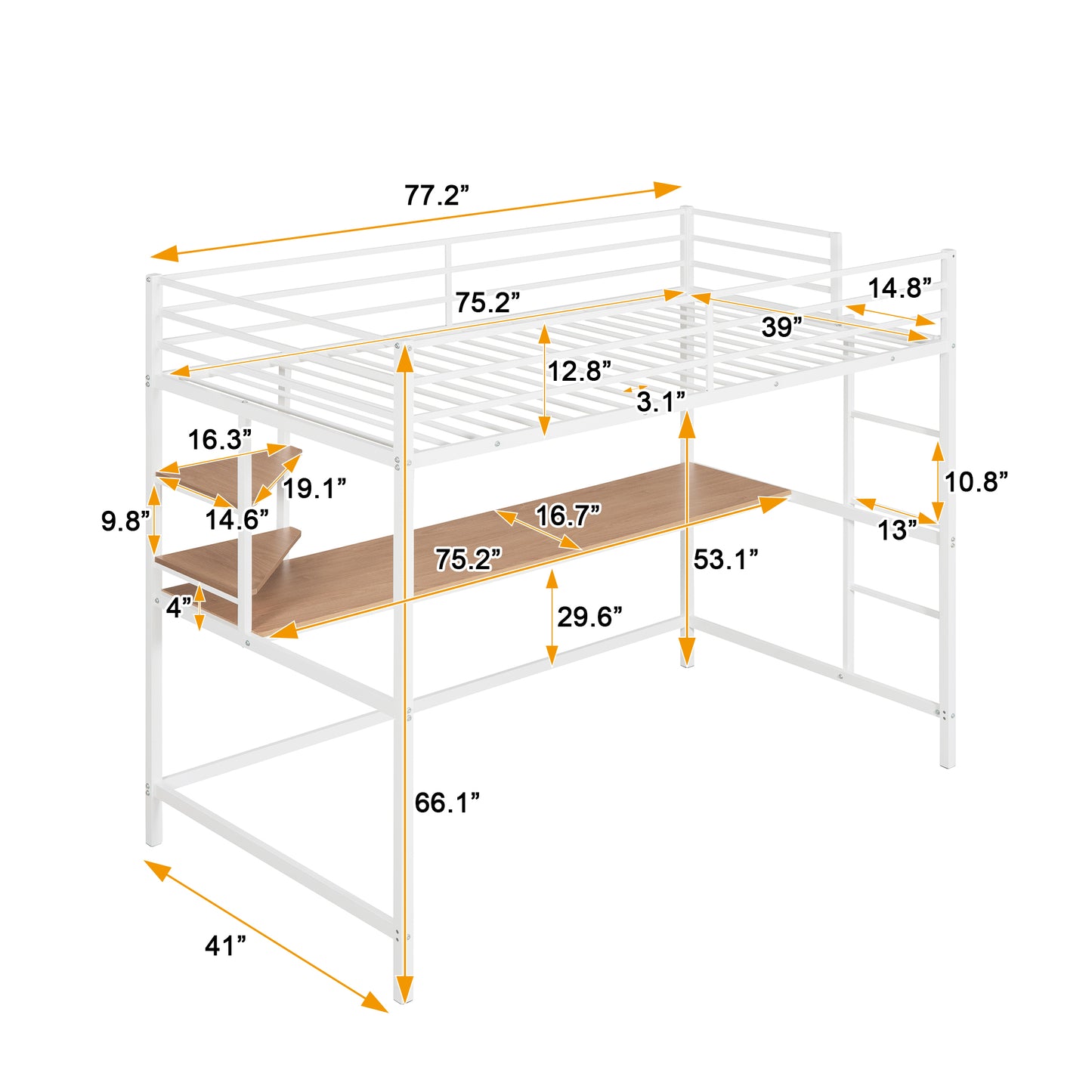 iRerts Twin Loft Bed, Twin Metal Loft Bed with Shelf and Desk, Twin Size Loft Bed with Safety Guardrail, Modern Twin Loft Bed Frame for Dorm Bedroom Guest Room, No Box Spring Needed, White