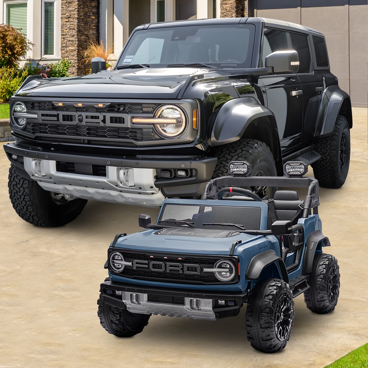 24V 2 Seater Ride on Toy Car, Licensed Ford Bronco Raptor Ride on Trucks with Remote Control, Bluetooth Music Player, Spring Suspension, Battery Powered Electric Car for Kids Boys Girls Ages 3-8, Blue
