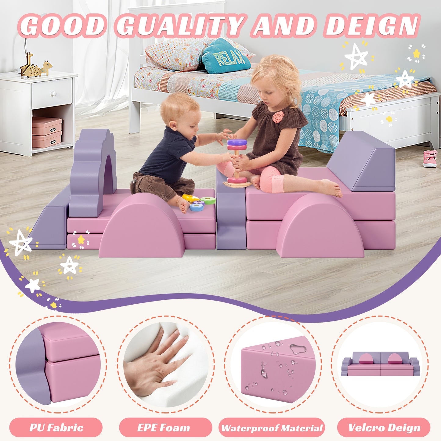 iRerts 10 PCS Modular Kids Play Couch, Kids Sofa Couch for Playroom Child Sectional Sofa, Foam Climbing Blocks Convertible Sofa, Baby Toddlers Couch Floor Sofa for Children, Pink