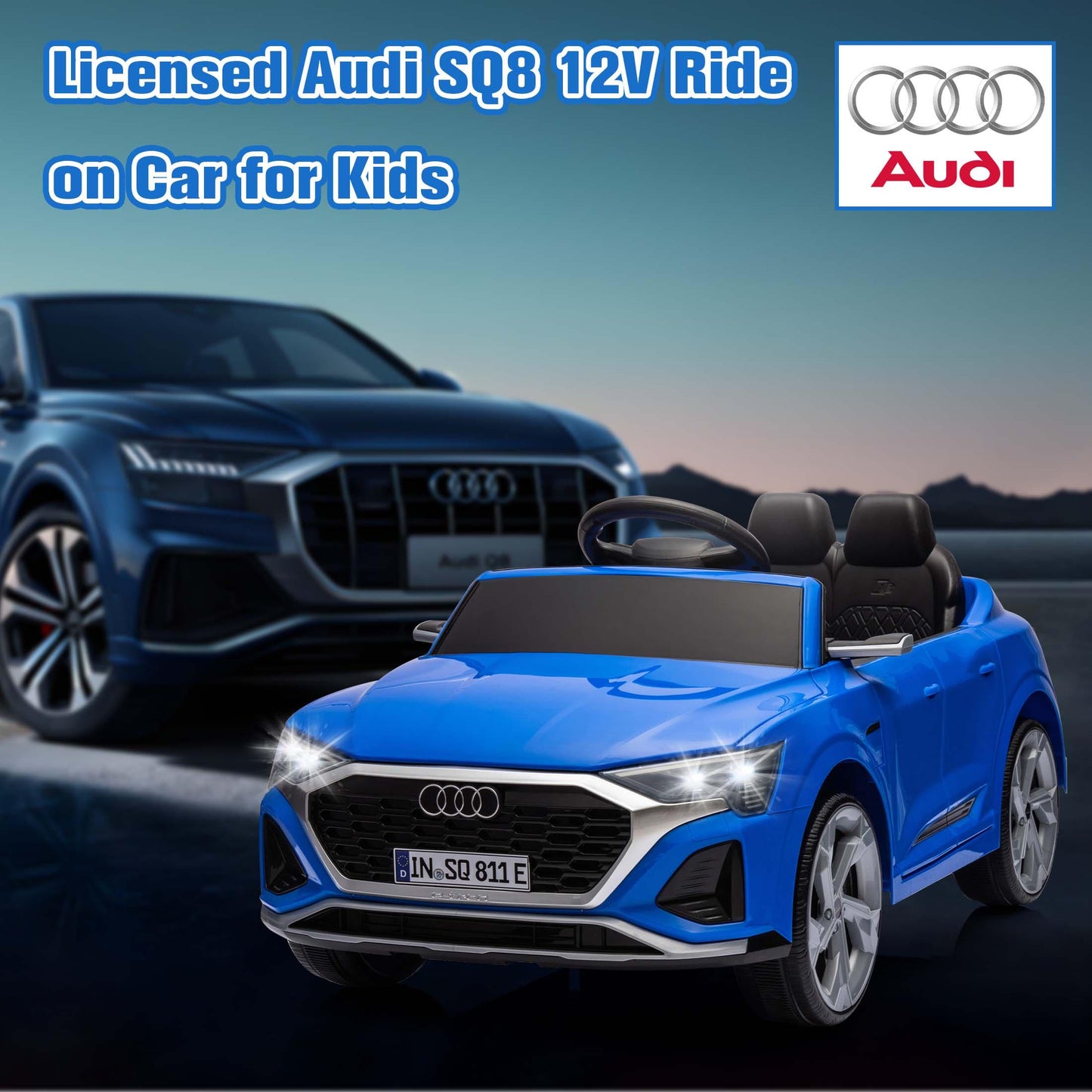 Ride on Toy Car Kids for Boys Girls, Licensed Audi SQ8 12V Ride on Cars with Remote Control, Battery Powered Electric Vehicle Car for Kids with Music, LED Lights, 3 Speed, 4 Wheeler, Blue