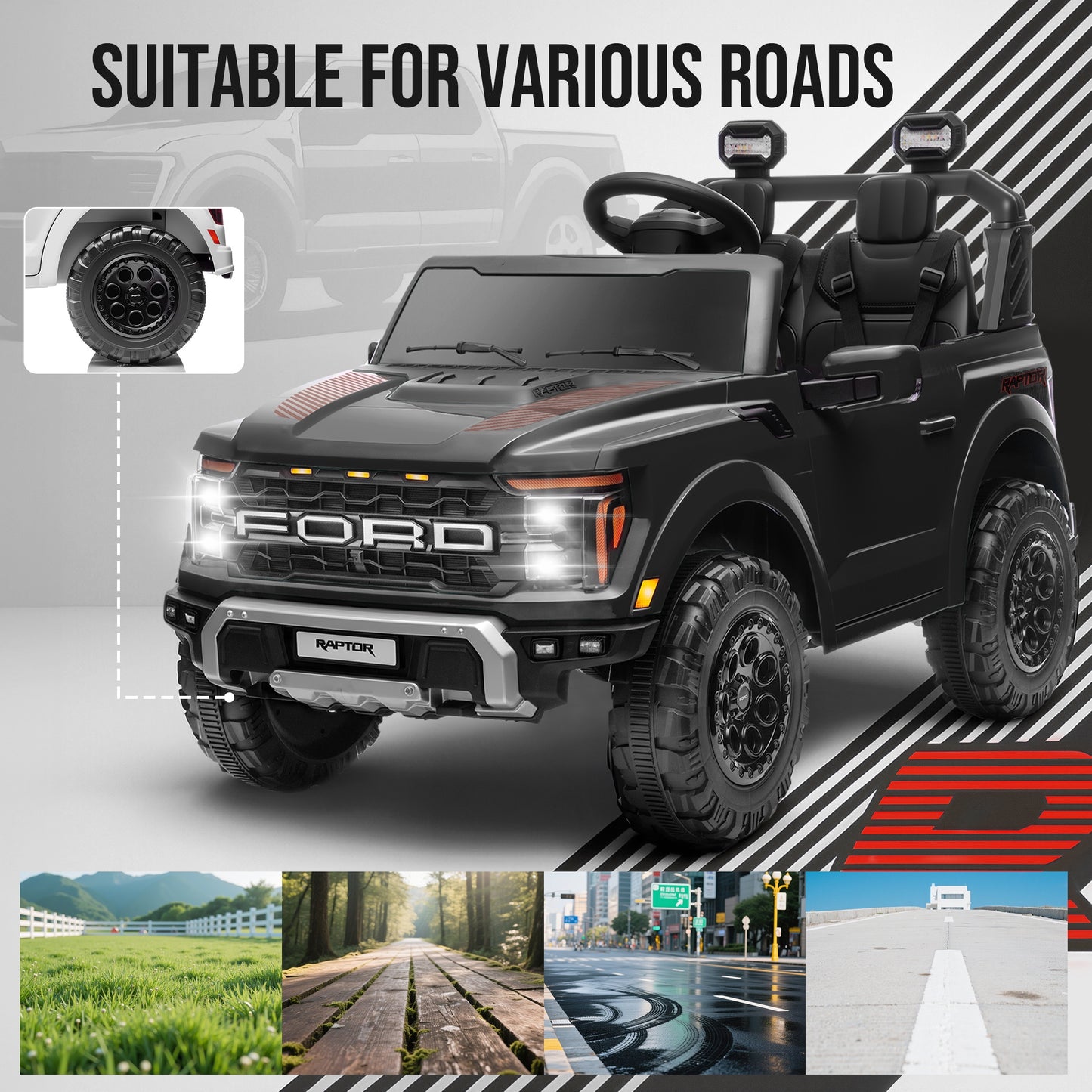iRerts 24V Ride on Toys for Big Kids, Licensed Ford F 150 Raptor 2 Seater Ride on Cars with Remote Control, Bluetooth, FM Radio, LED Lights, 4 Wheels Suspension, Electric Car for Kids Ages 3-8, Black