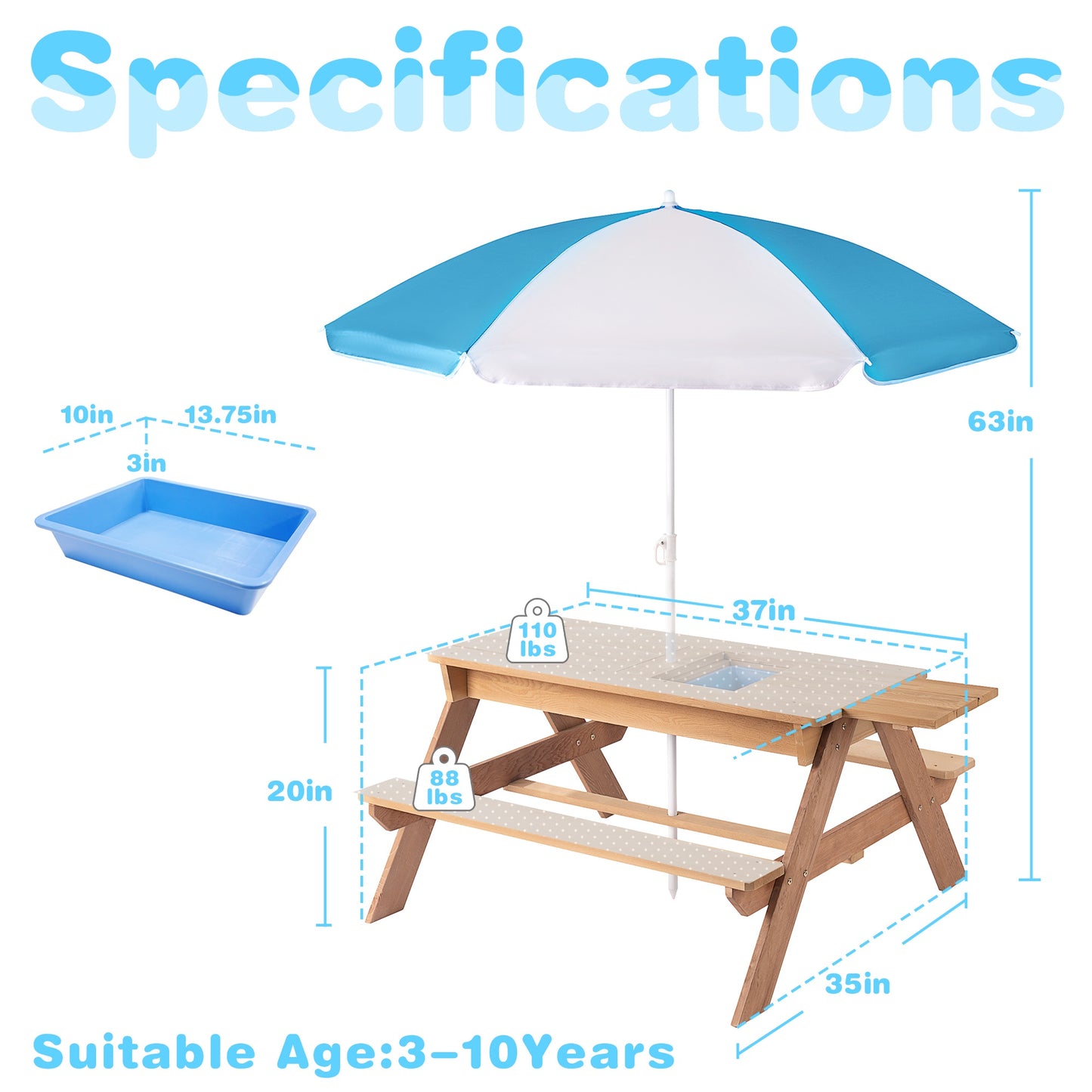 Kids Outdoor Picnic Table Set with Bench, 3 in 1 Sand and Water Activity Table Outdoor Convertible Picnic Table with Umbrella/Removable Tabletop/Play Boxes, Kids Table and Chair Set for Patio, Natural